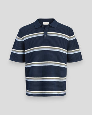 Jack & Jones Maine Knit Stripe Polo in Sky Captain color, featuring a classic collar, striped pattern, and short sleeves.
