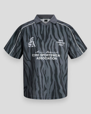 Black and zebra print Jack & Jones Dust Piping Football open collar T-shirt with short sleeves and sporty design.