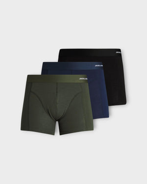 Jack & Jones bamboo Underwear, Basic Trunks 3-pack i skovnat, vises foran, blødt og komfortabelt materiale.