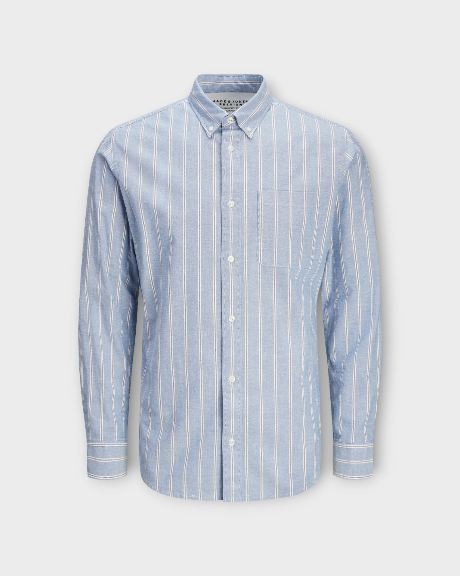 Brook Oxford Shirt L/S Chambray Blue - Blå stribet Jack & Jones Oxford Skjorte til Mænd. Her set forfra.