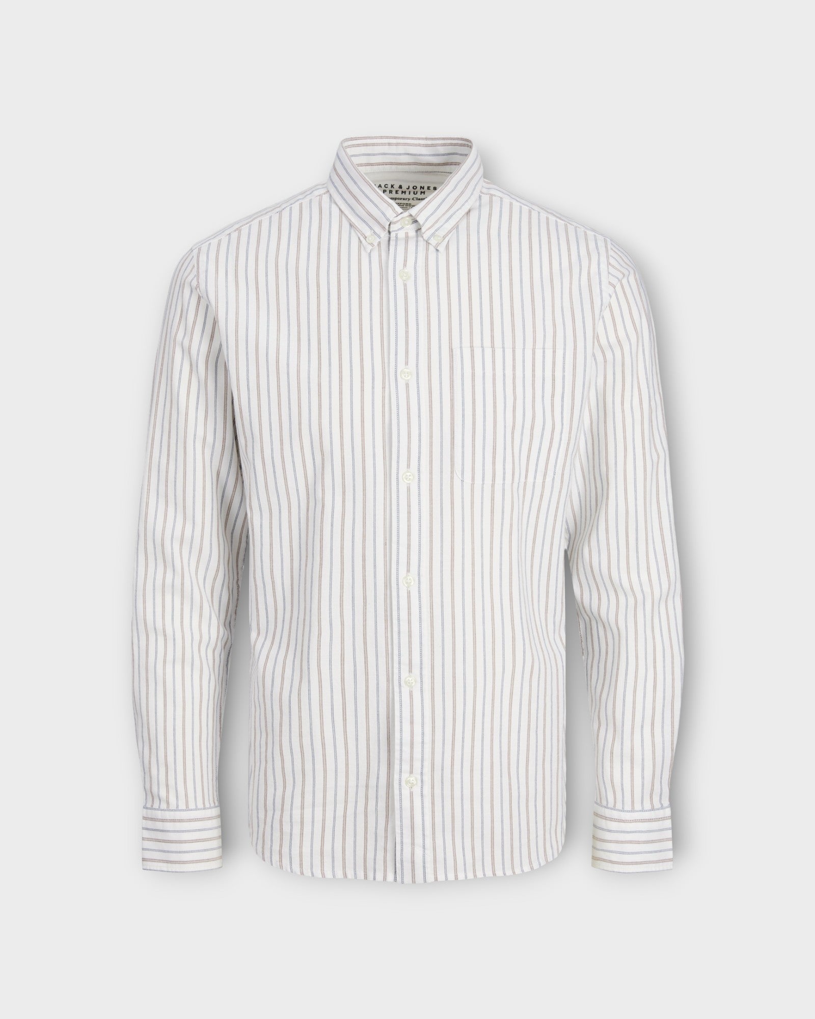 Brook Oxford Shirt L/S Sargasso Sea - Hvid Stribet Jack and Jones Skjorte til Mænd. Her set forfra.