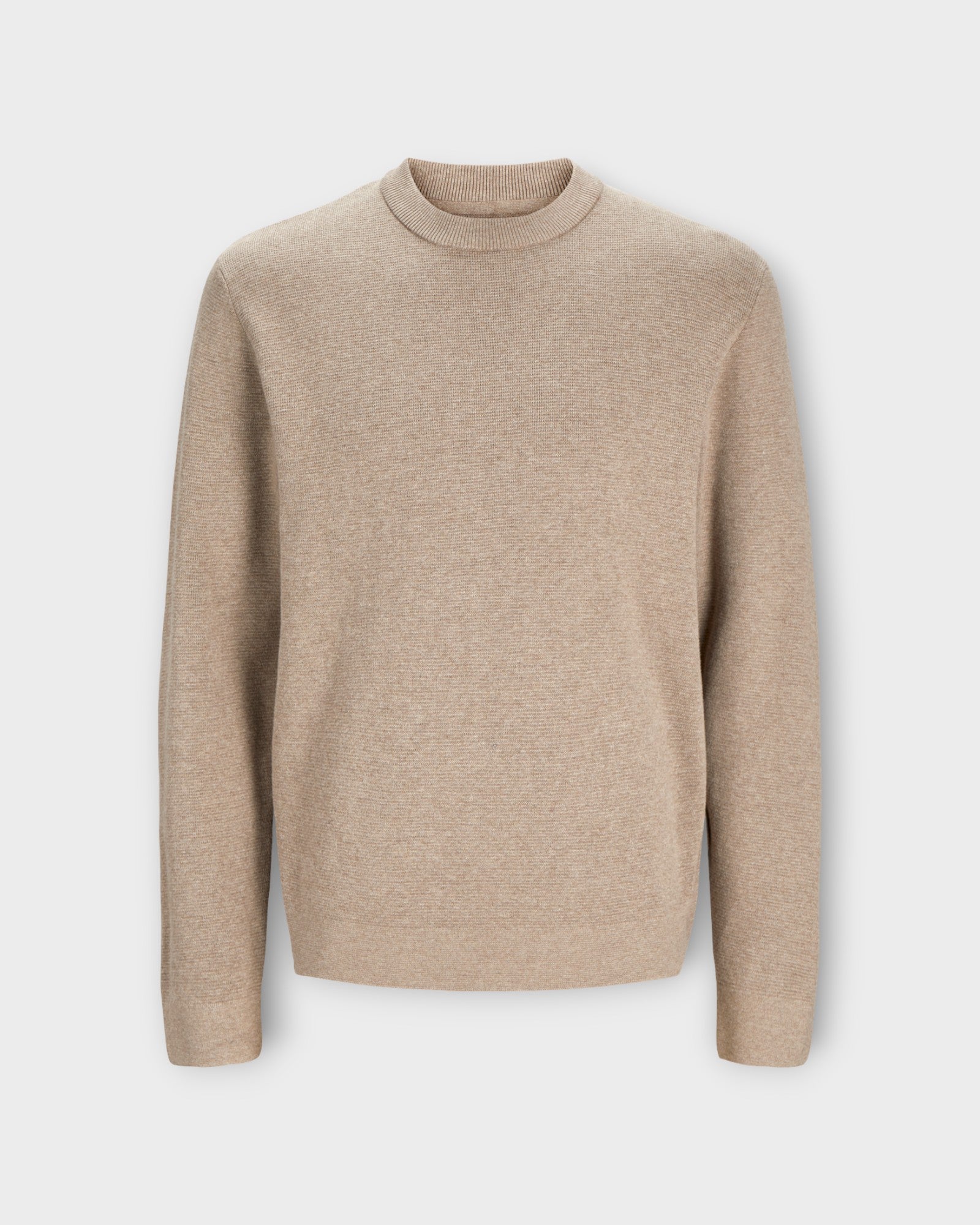 Milano Stitch Knit Crew Greige Melange - Jack & Jones Sandfarvet Strik til mænd. Her set forfra.