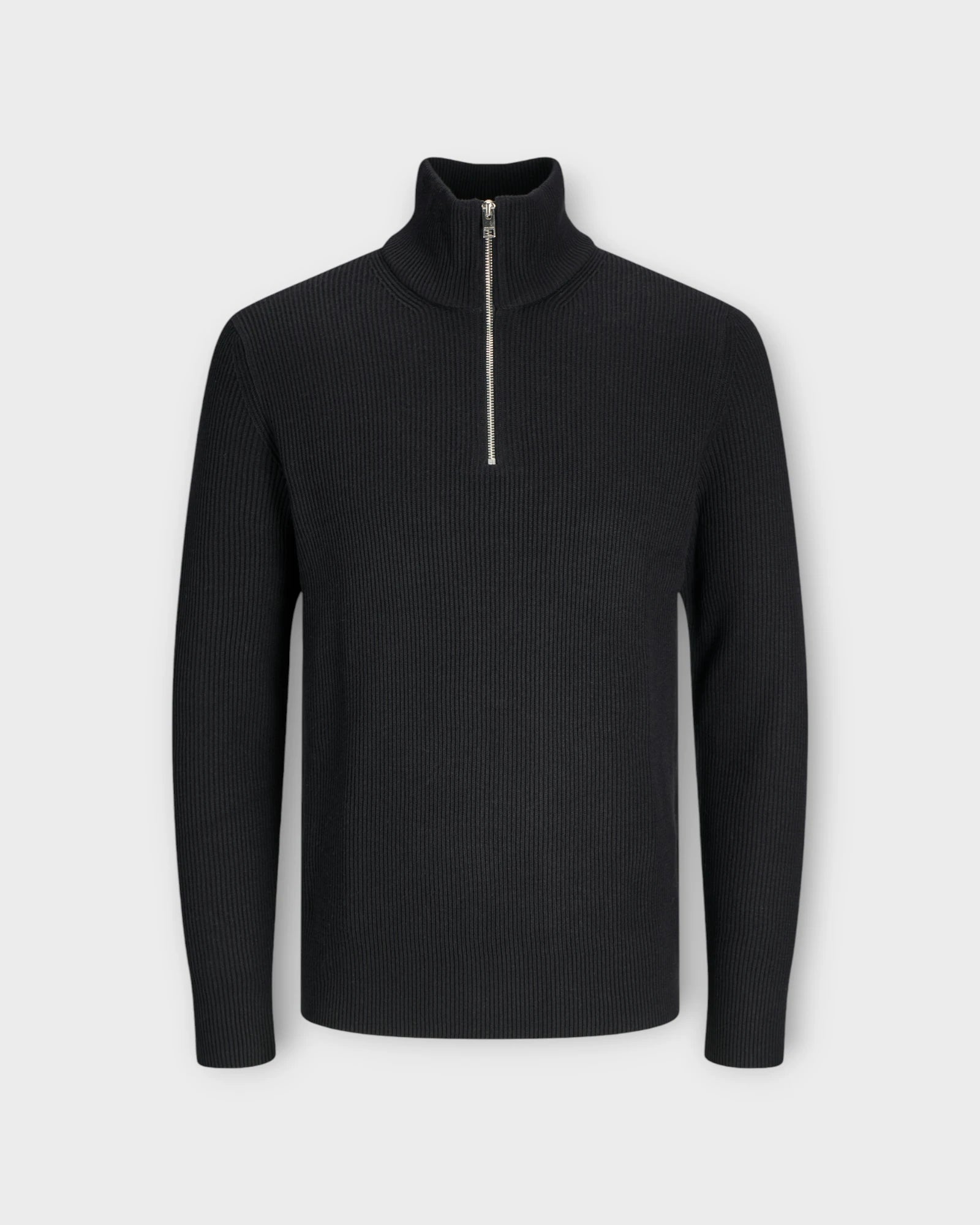 Perfect Knit Half Zip Black - Sort Jack and Jones Herre Strik med kort Lynlås. Her set forfra.