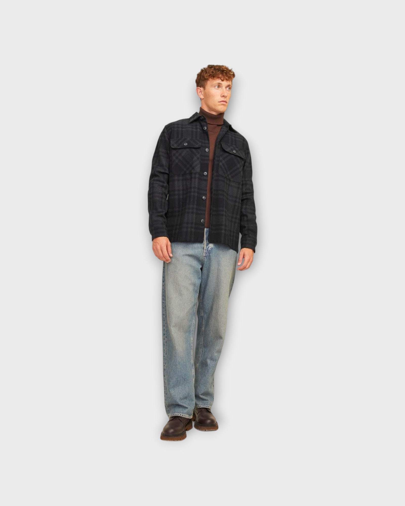 Raymond Melange Check Overshirt Black Beauty - Sort ternet Jack & Jones Overshirt til Mænd. Her set på model forfra.