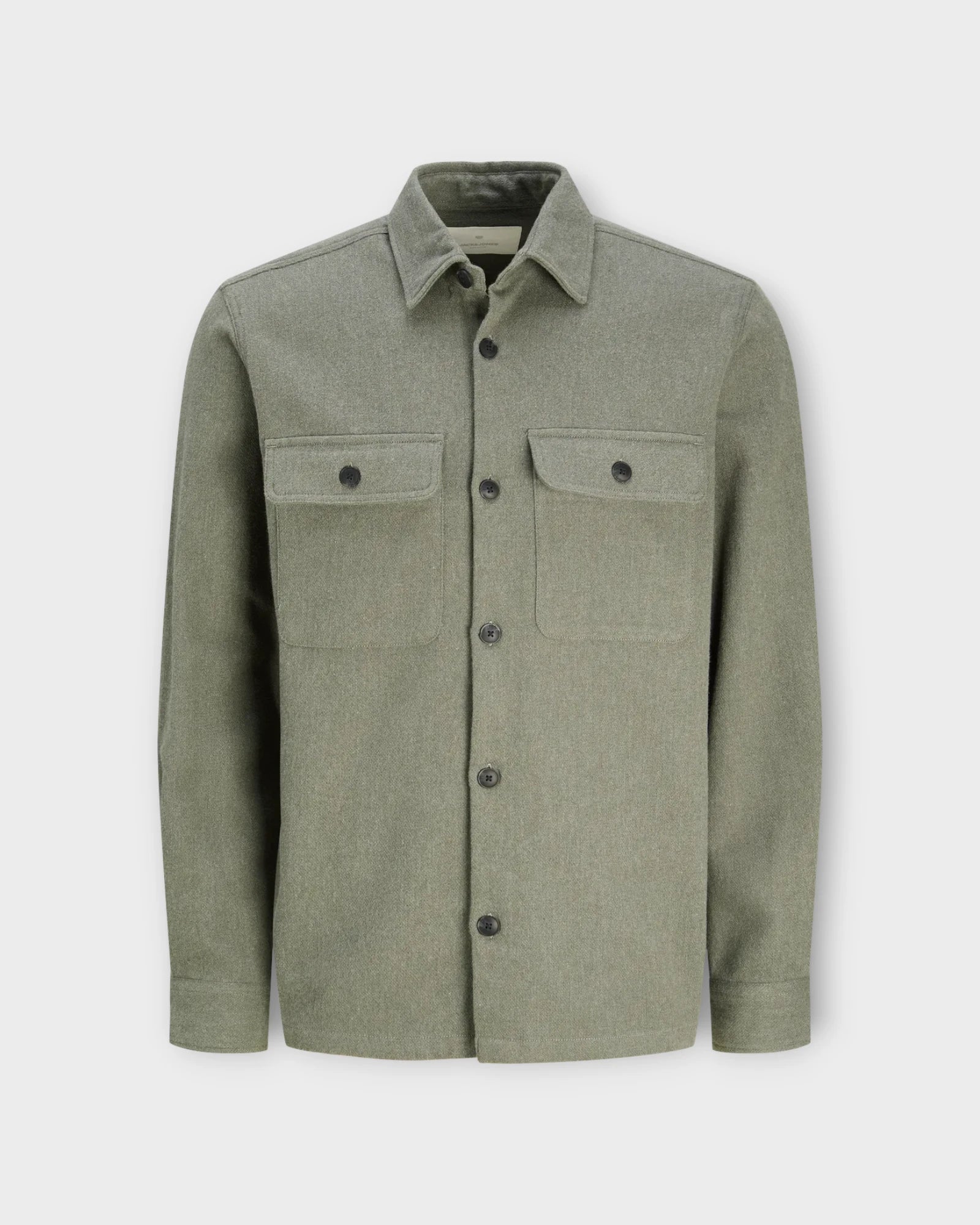 Raymond Melange Solid LS Overshirt Cypress - Jack and Jones Grøn Skjortejakke. Her set forfra.
