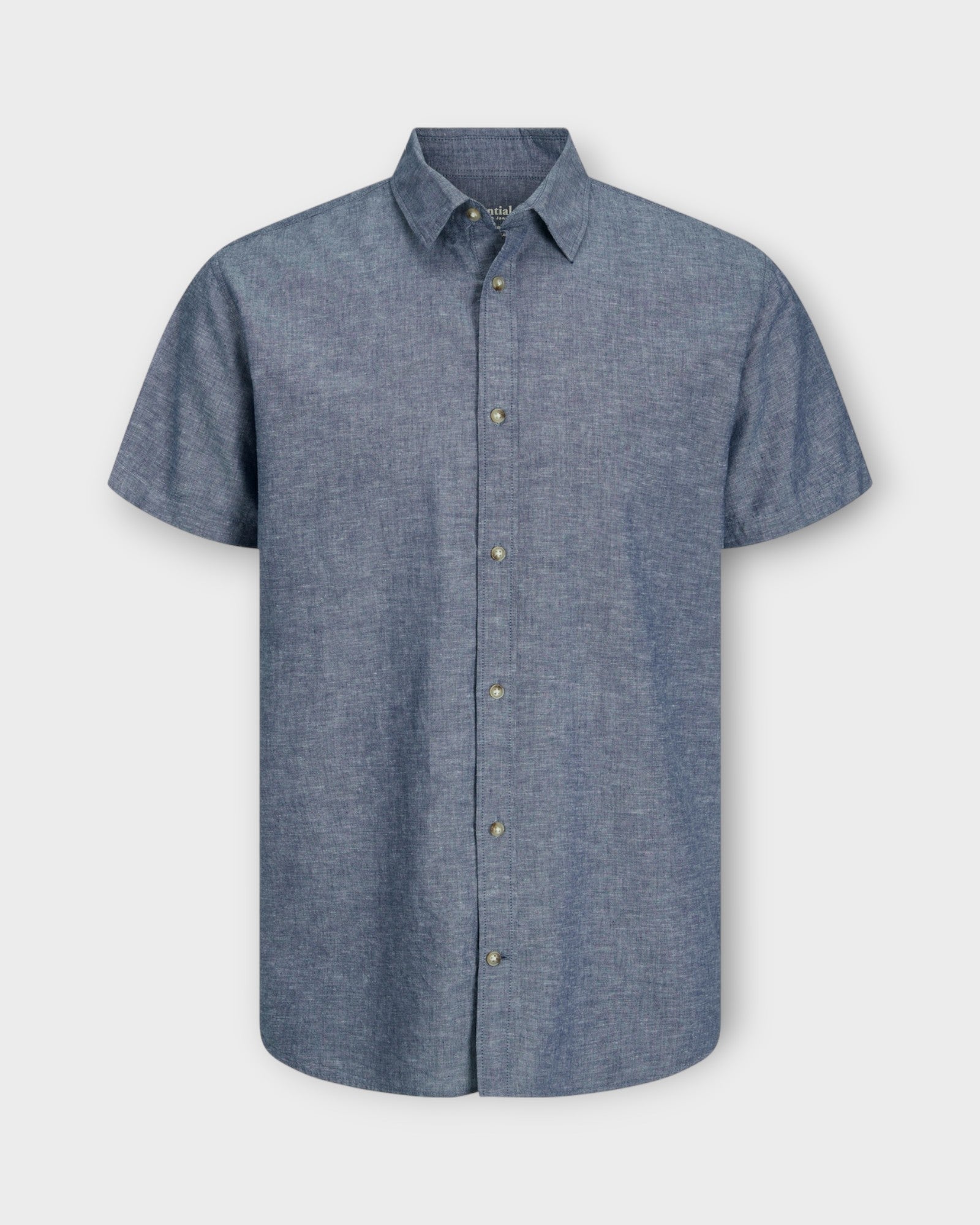 Summer Linen Shirt Faded Denim. Blå melleret kortærmet hørskjorte fra Jack and Jones. Her set forfra.