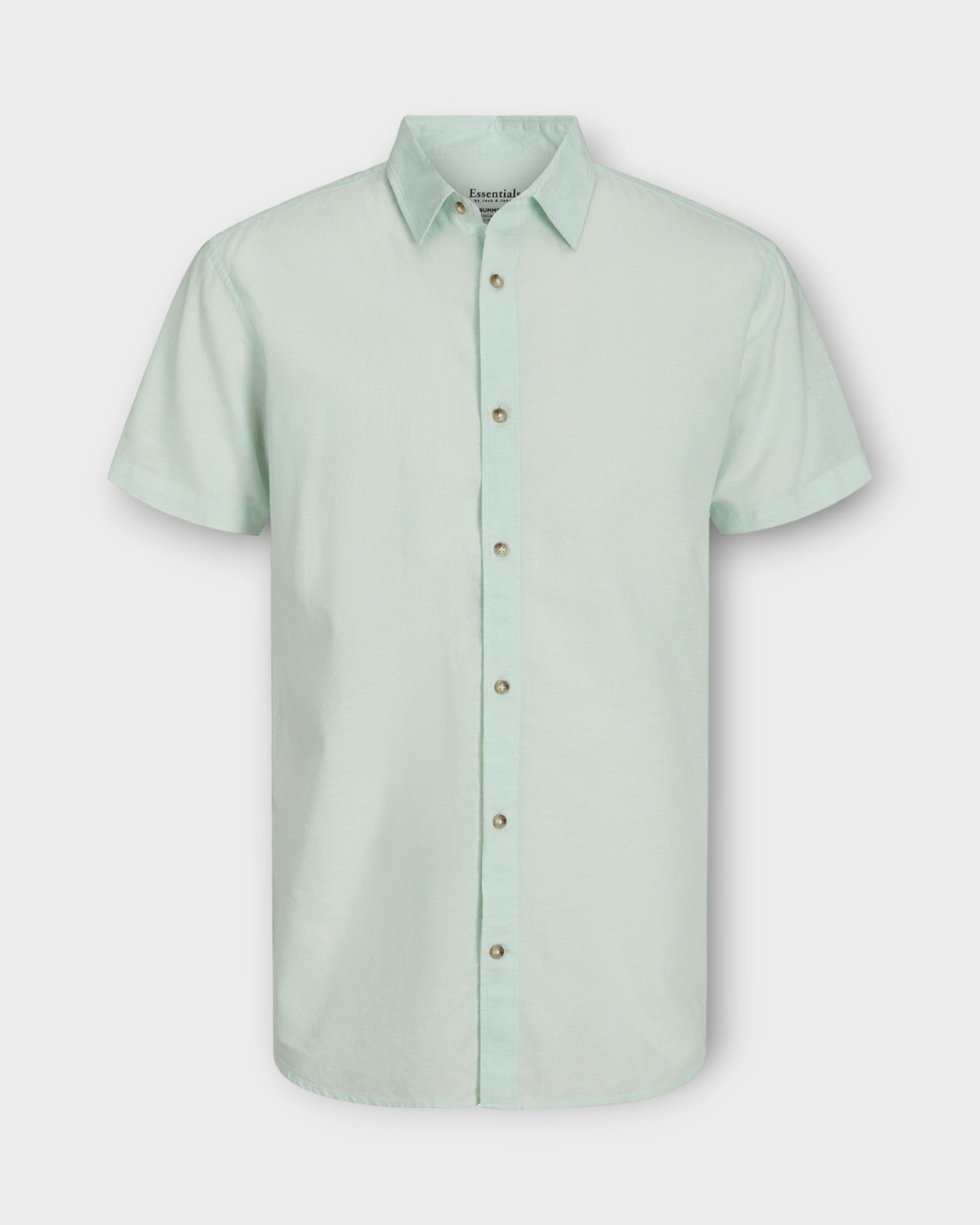 Summer Linen Shirt Soothing Sea fra Jack and Jones. Kortærmet lys grøn hørskjorte til mænd. Her set forfra.
