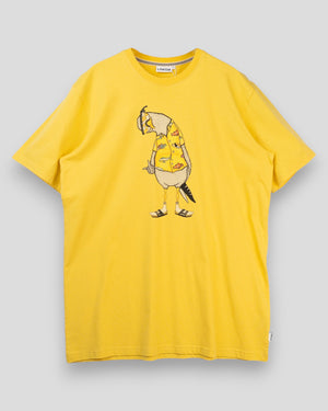 Cream-colored Lakor Flipping The Bird tee featuring gold print, casual crewneck T-shirt with bold graphic design.