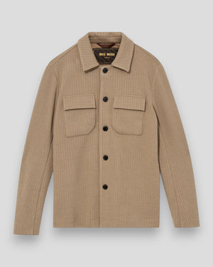 Dun farvet Mos Mosh Gallery overshirt i strik, vist fra front med knapper og krave, perfekt til lag-på-lag styling.