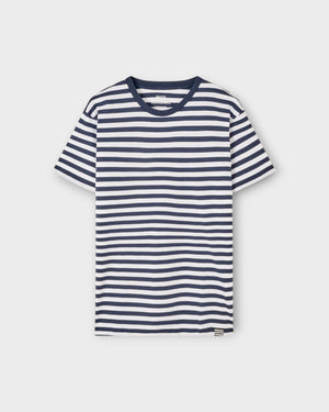 Thor Organic Midi Tee - Navy/white - Stribet Mads Nørgaard T-shirt til Mænd. Her set forfra.