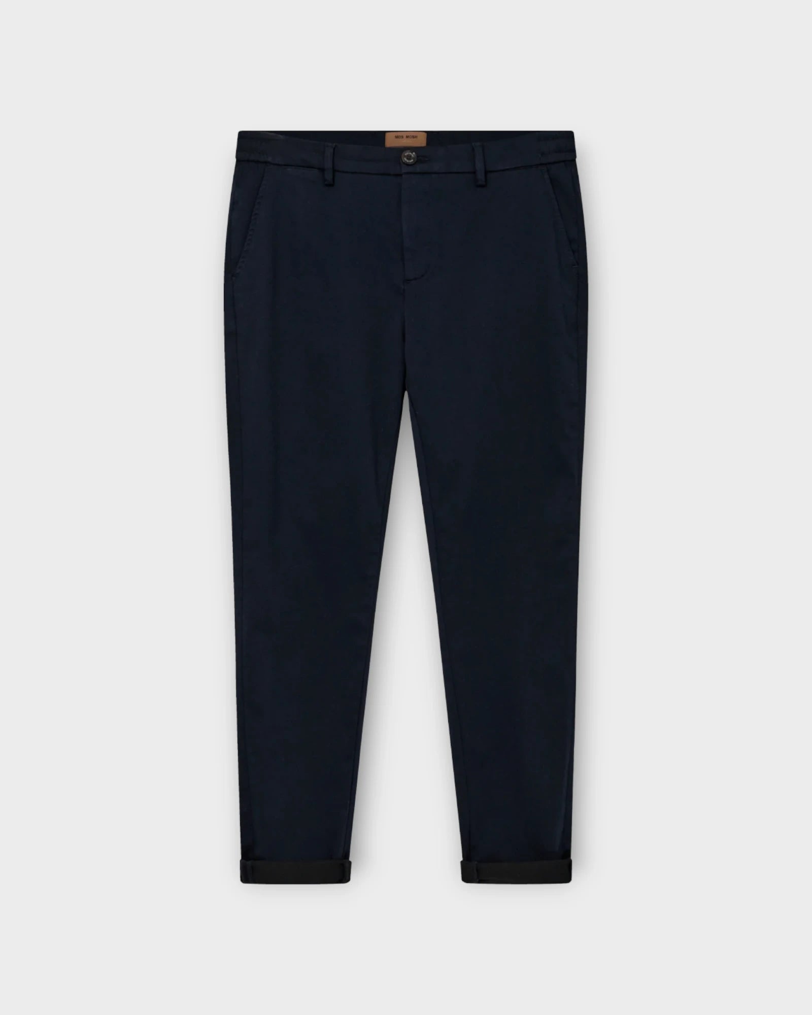 Hunt Soft String Pant Navy - Blå Mos Mosh Gallery Stretch Bukser til Mænd. Her set forfra.