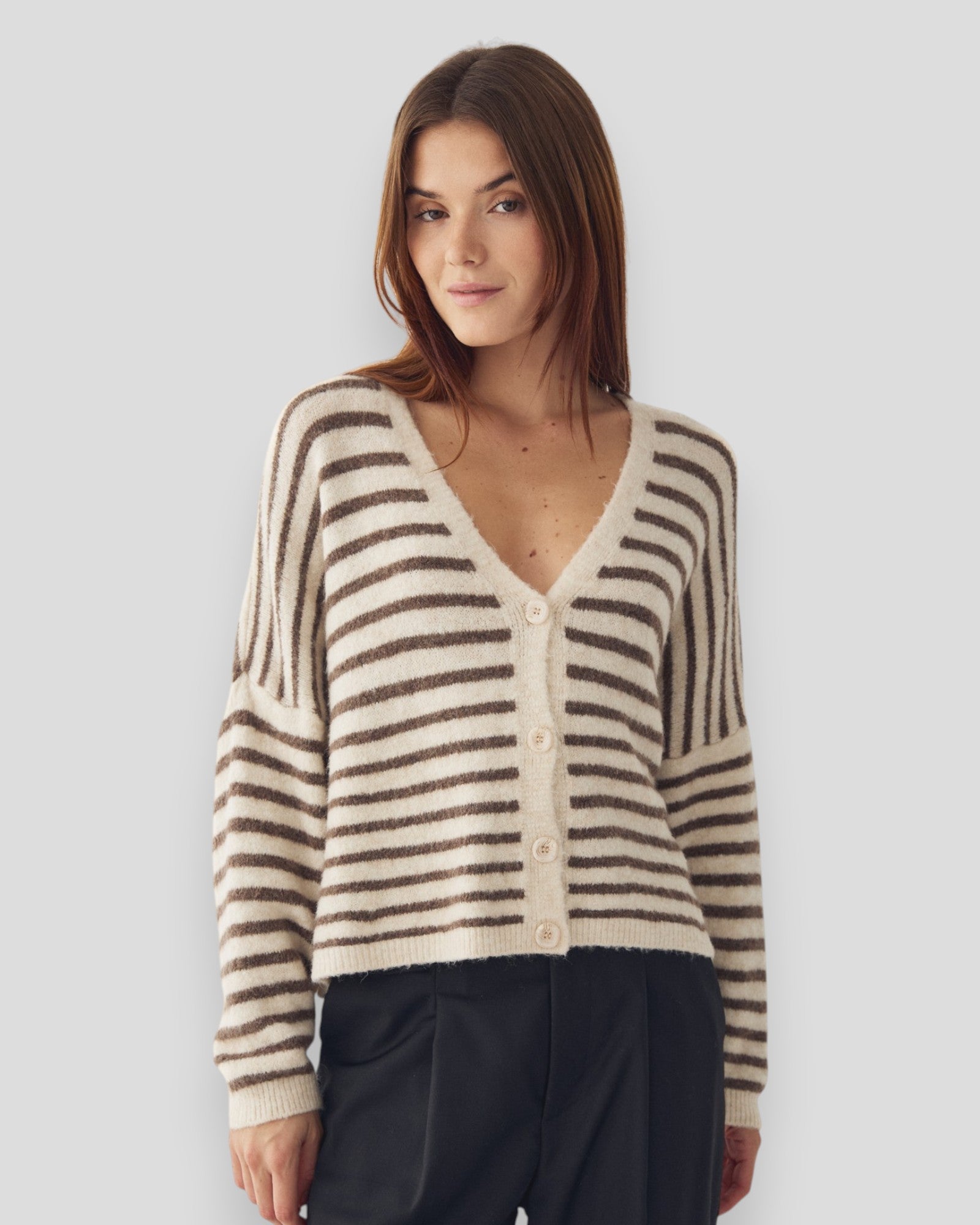 Noella N-Lenda knit cardigan in brown and ivory stripe, featuring a cozy women's knit with a stylish striped pattern.