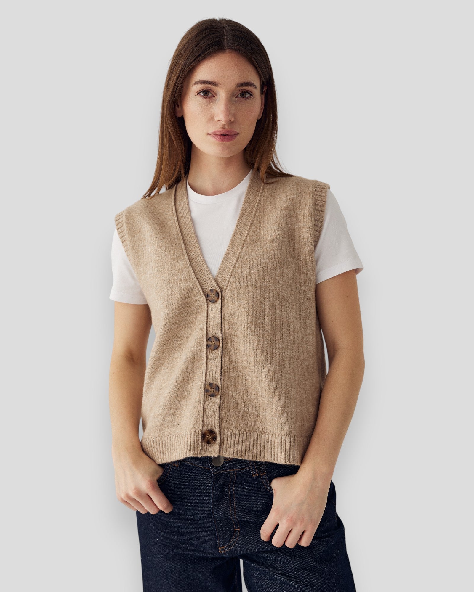 Women's N-Marrilynn Knit Vest in Sand Melange by Noella, featuring a cozy knit fabric and stylish sleeveless design.