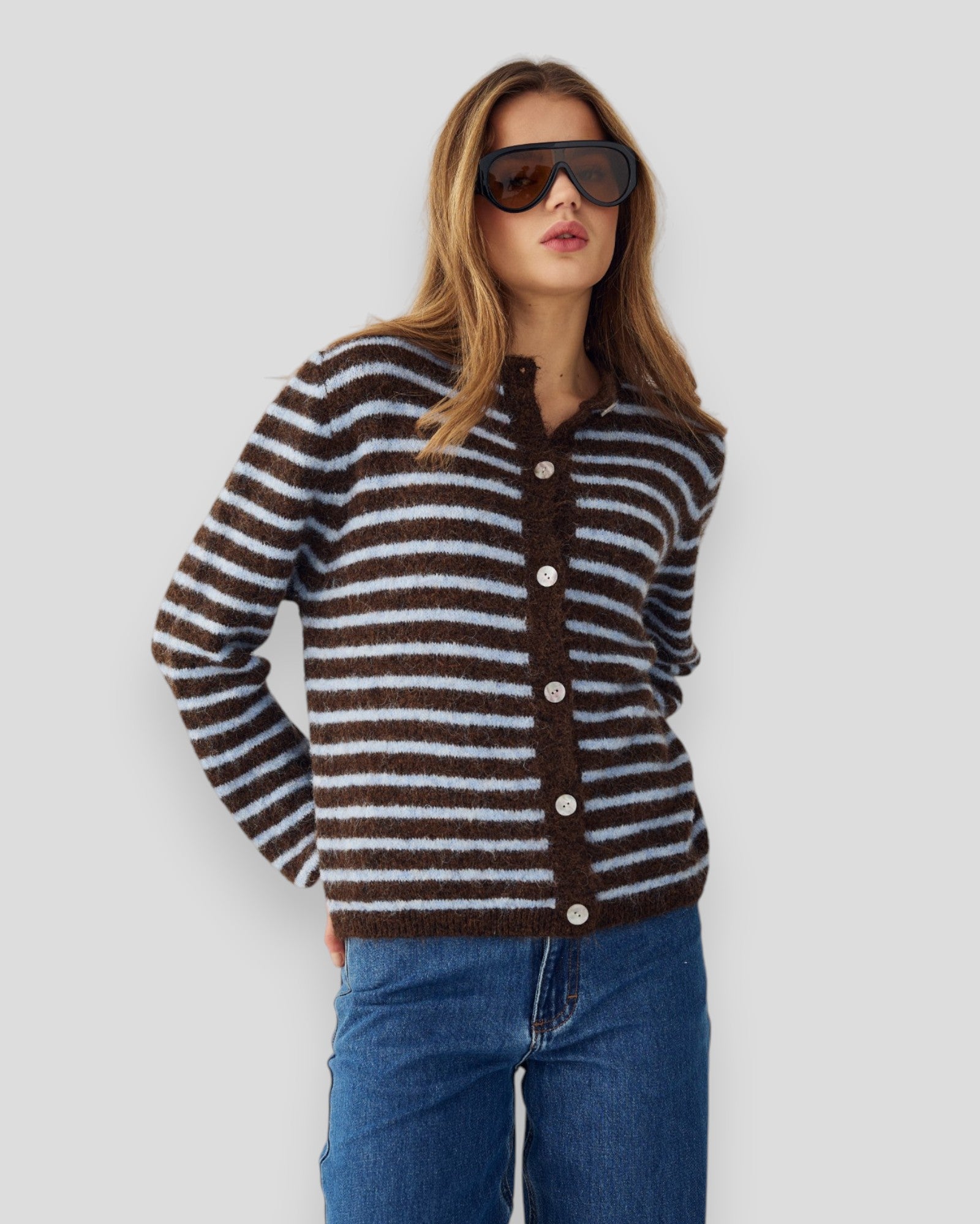 Noella N-Mertice knit cardigan in brown and blue stripe, women's cozy knit sweater with button detail.