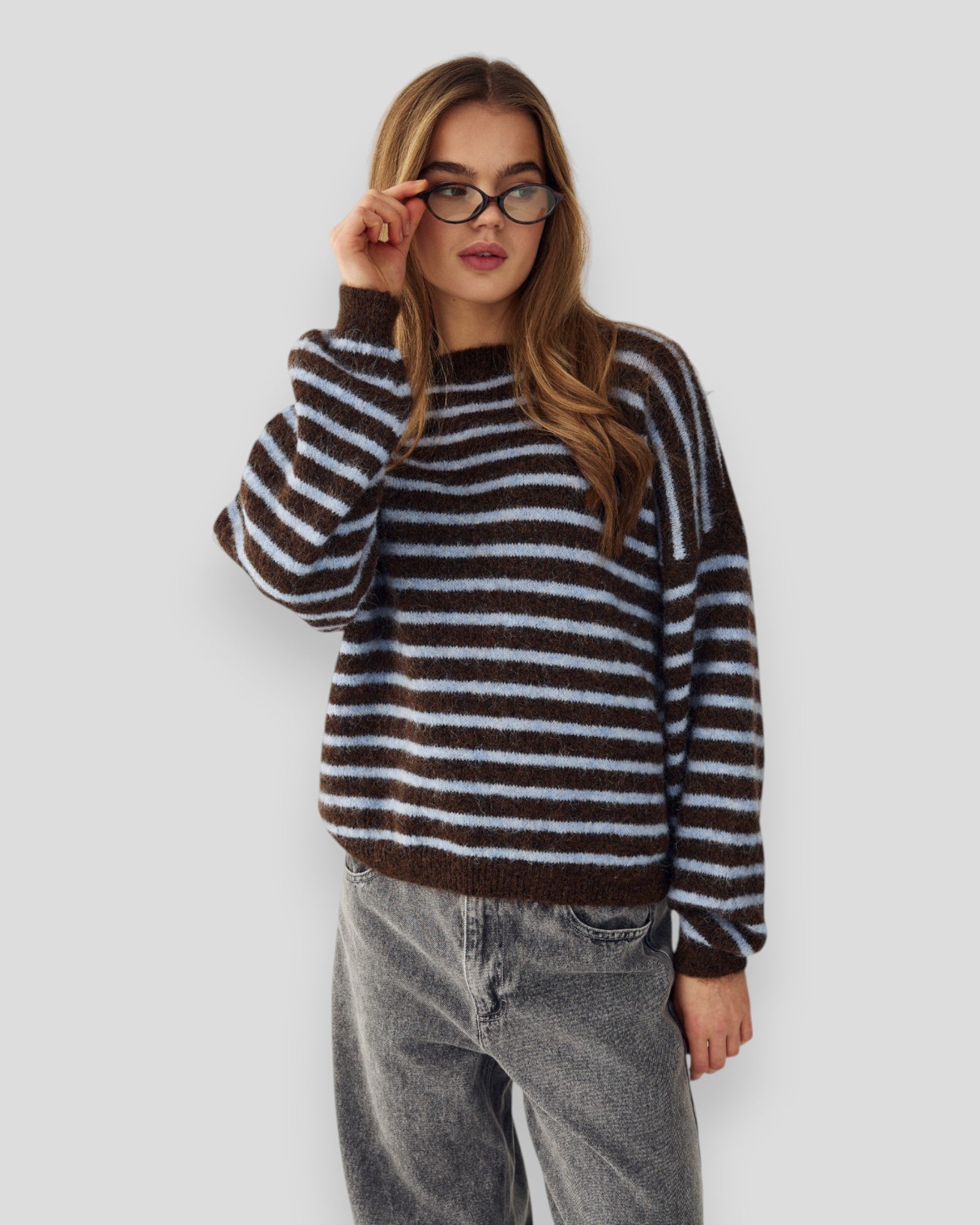 Womens brown and blue striped knit sweater by Noella, featuring a cozy, stylish N-Mafalda Knit design.