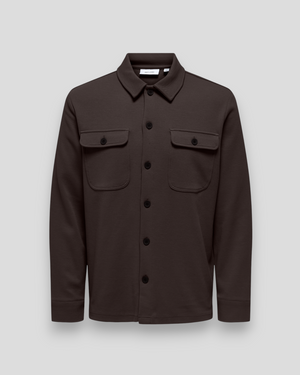 ONLY & SONS Newkodyl Overshirt Sweat in mulch color, made from soft fabric, shown in a relaxed fit with button front and collar.