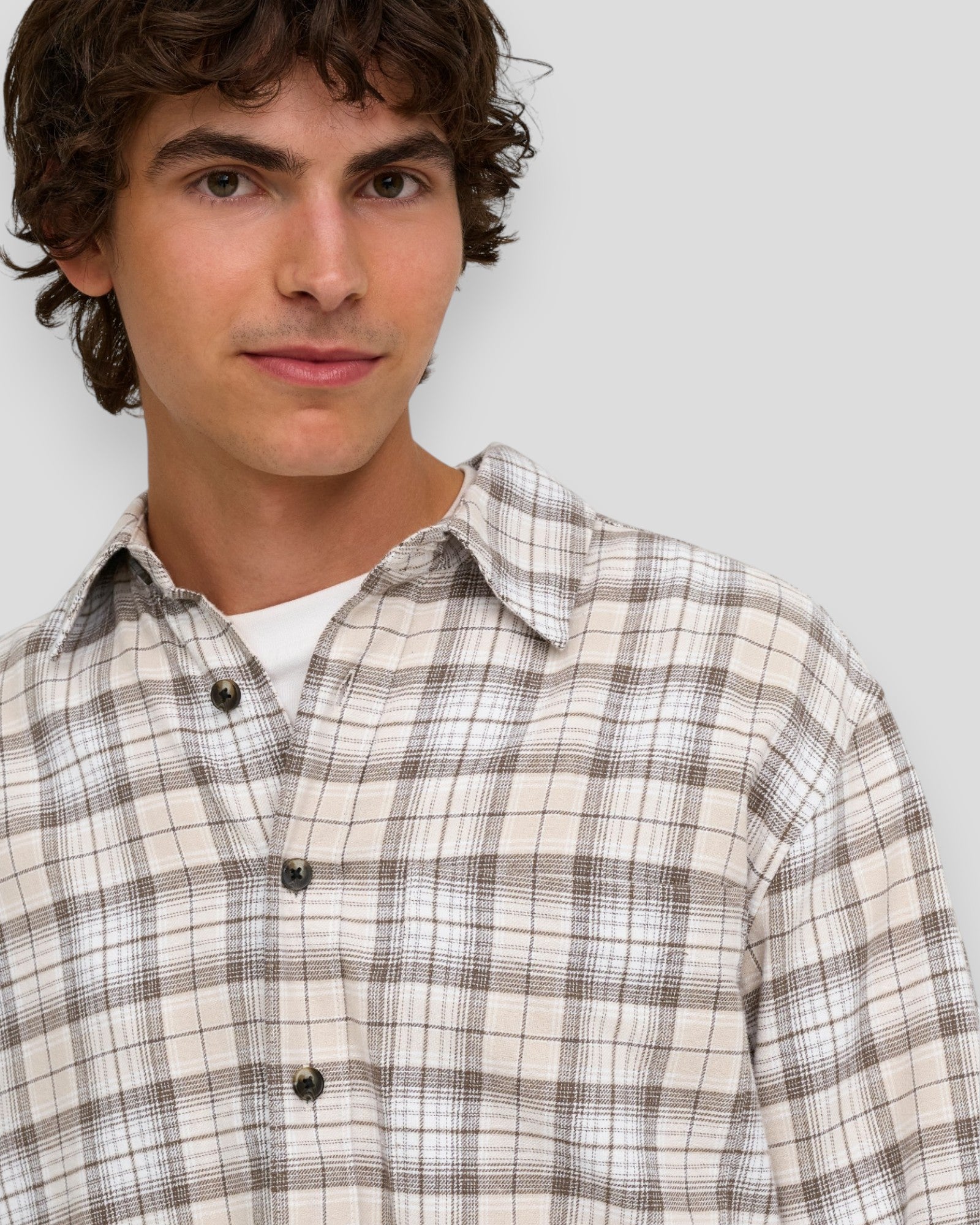 Gudmund Loose LS Checked Shirt - Canteen Checks/Bright White/Pumice Stone
