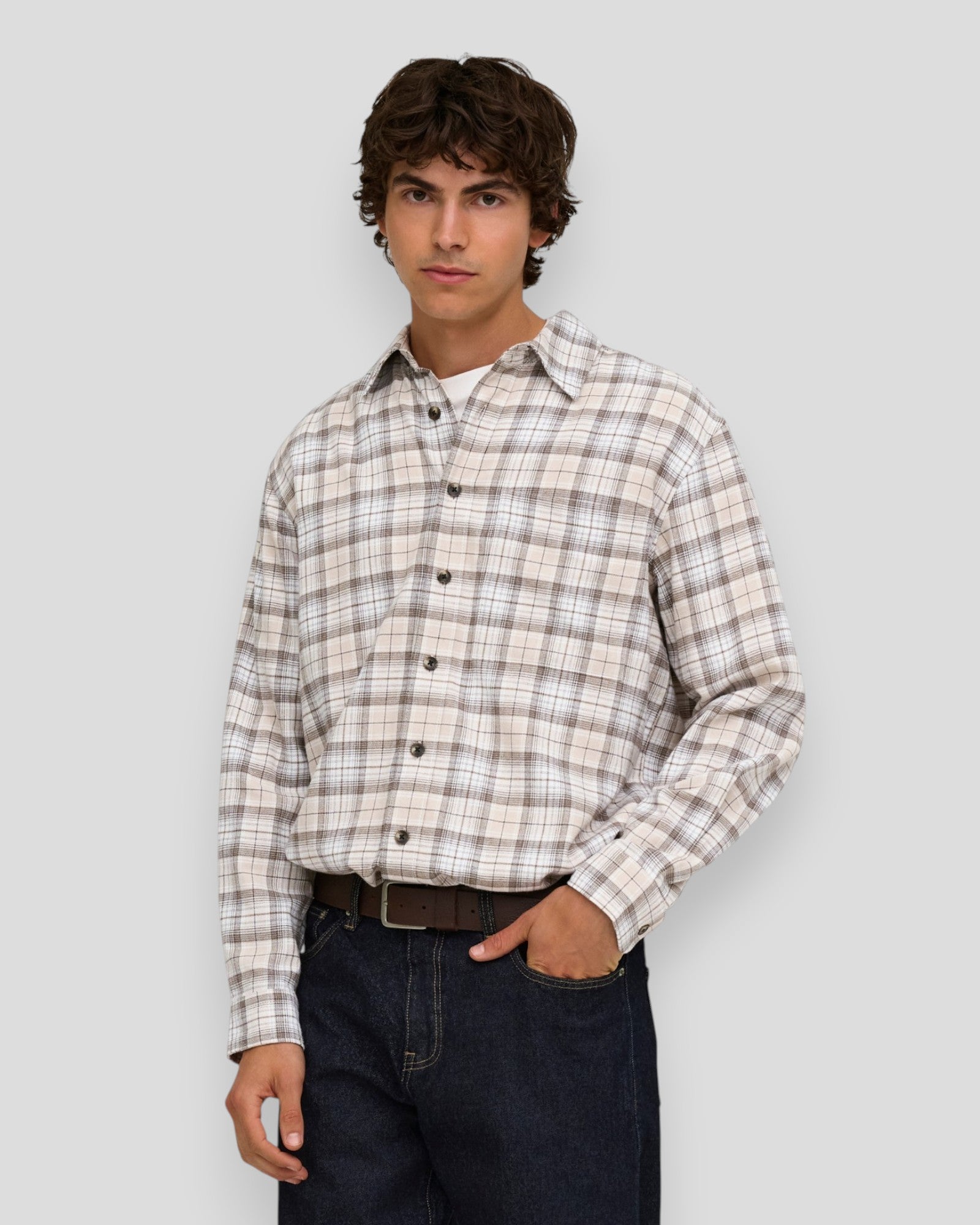 Gudmund Loose LS Checked Shirt - Canteen Checks/Bright White/Pumice Stone