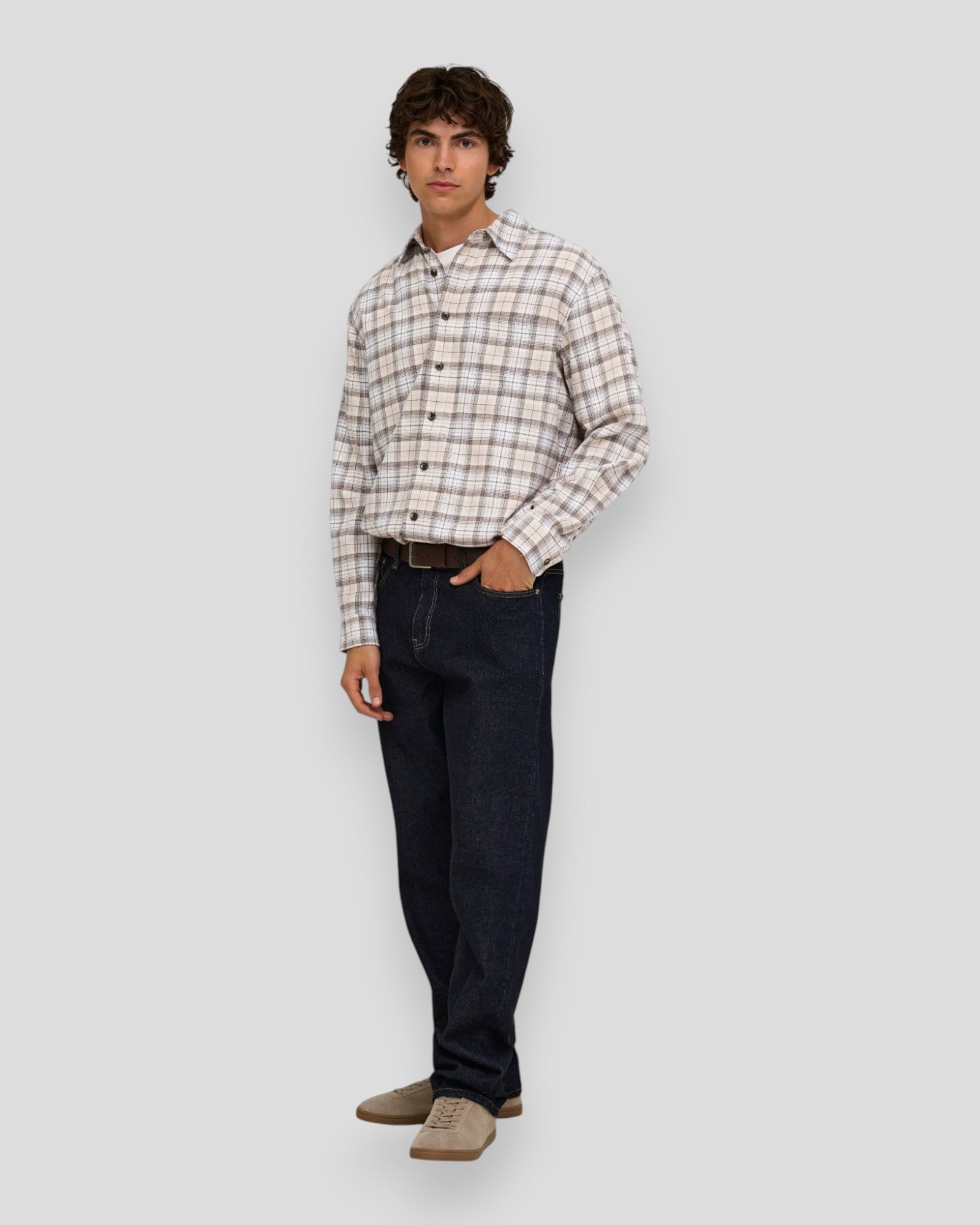 Gudmund Loose LS Checked Shirt - Canteen Checks/Bright White/Pumice Stone
