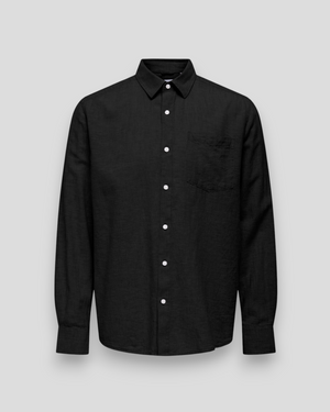 Sort Caiden Life Regular LS 1 linen skjorte fra ONLY & SONS, langærmet med afslappet pasform og let tekstur.