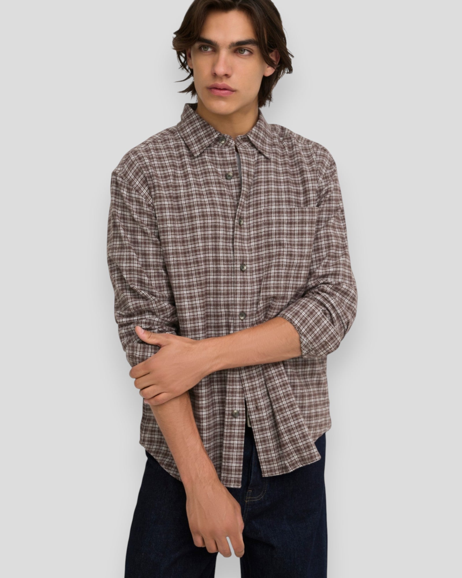 Gudmund Loose LS Checked Shirt - Coffee Bean