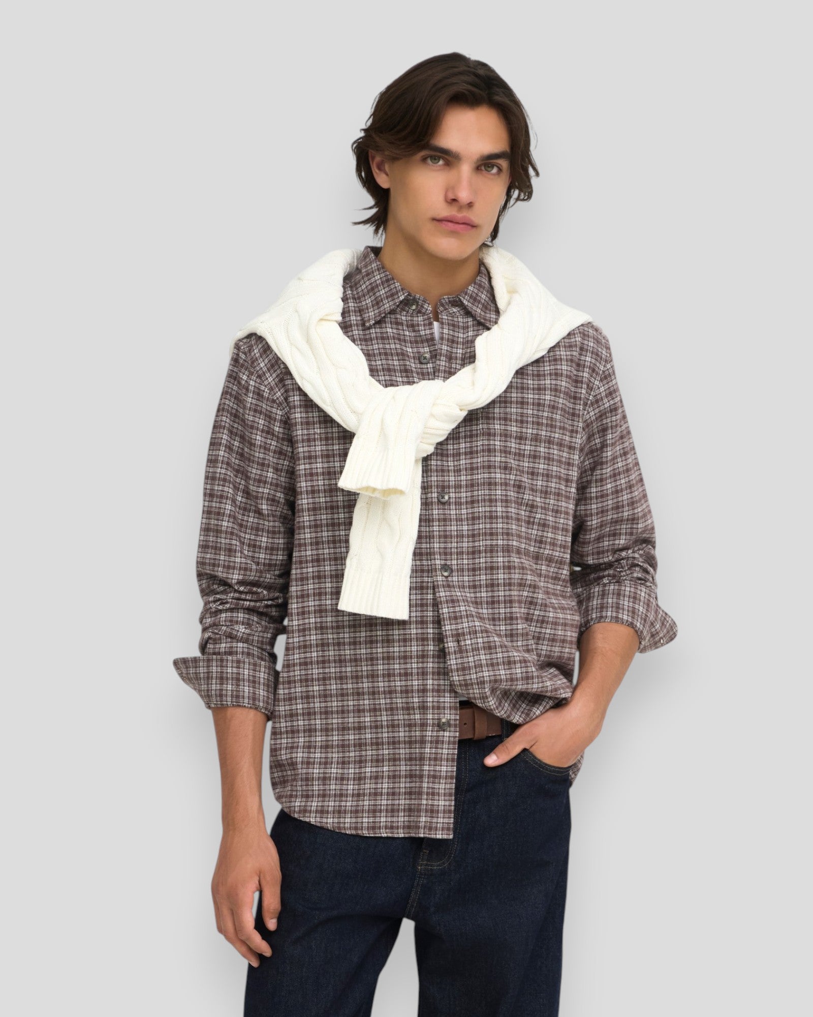 Gudmund Loose LS Checked Shirt - Coffee Bean