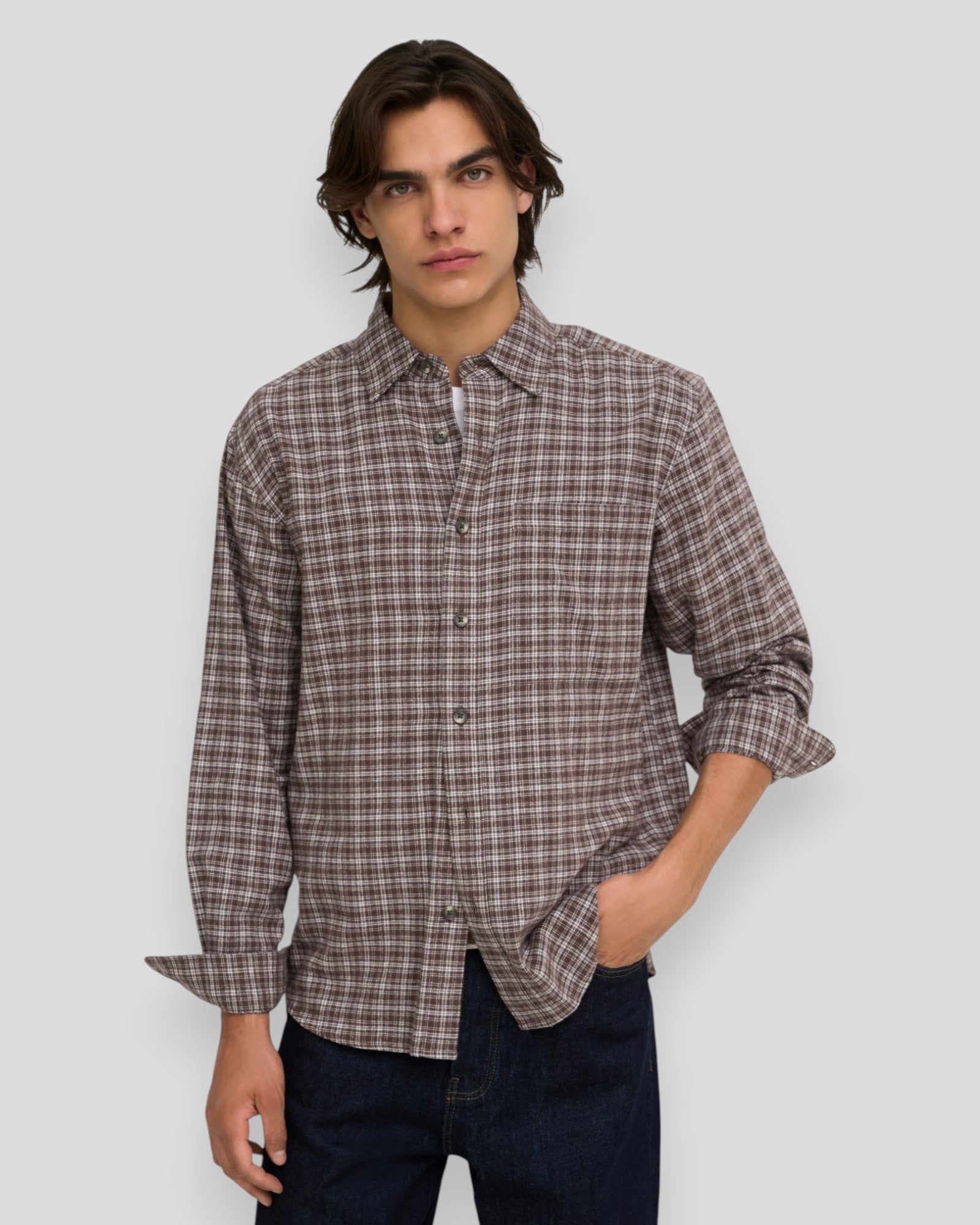 Gudmund Loose LS Checked Shirt - Coffee Bean