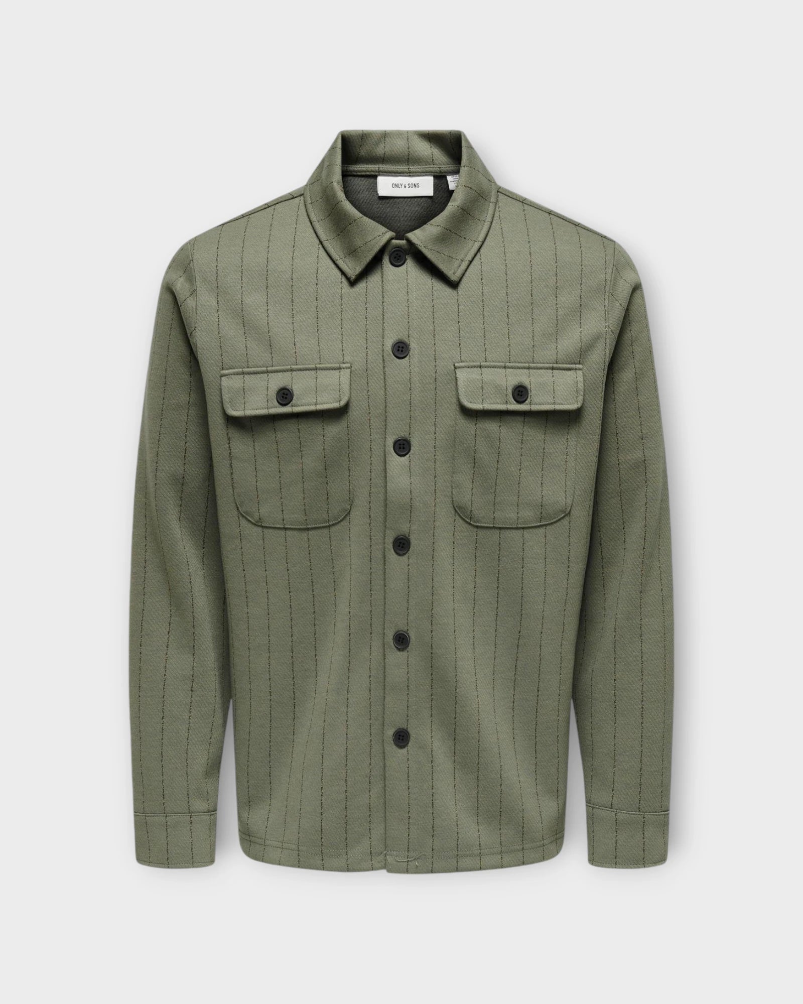 Kodyl Pinstripe Overshirt Olive Night - Grøn Stribet Only & Sons Herre Overshirt. Her set forfra.