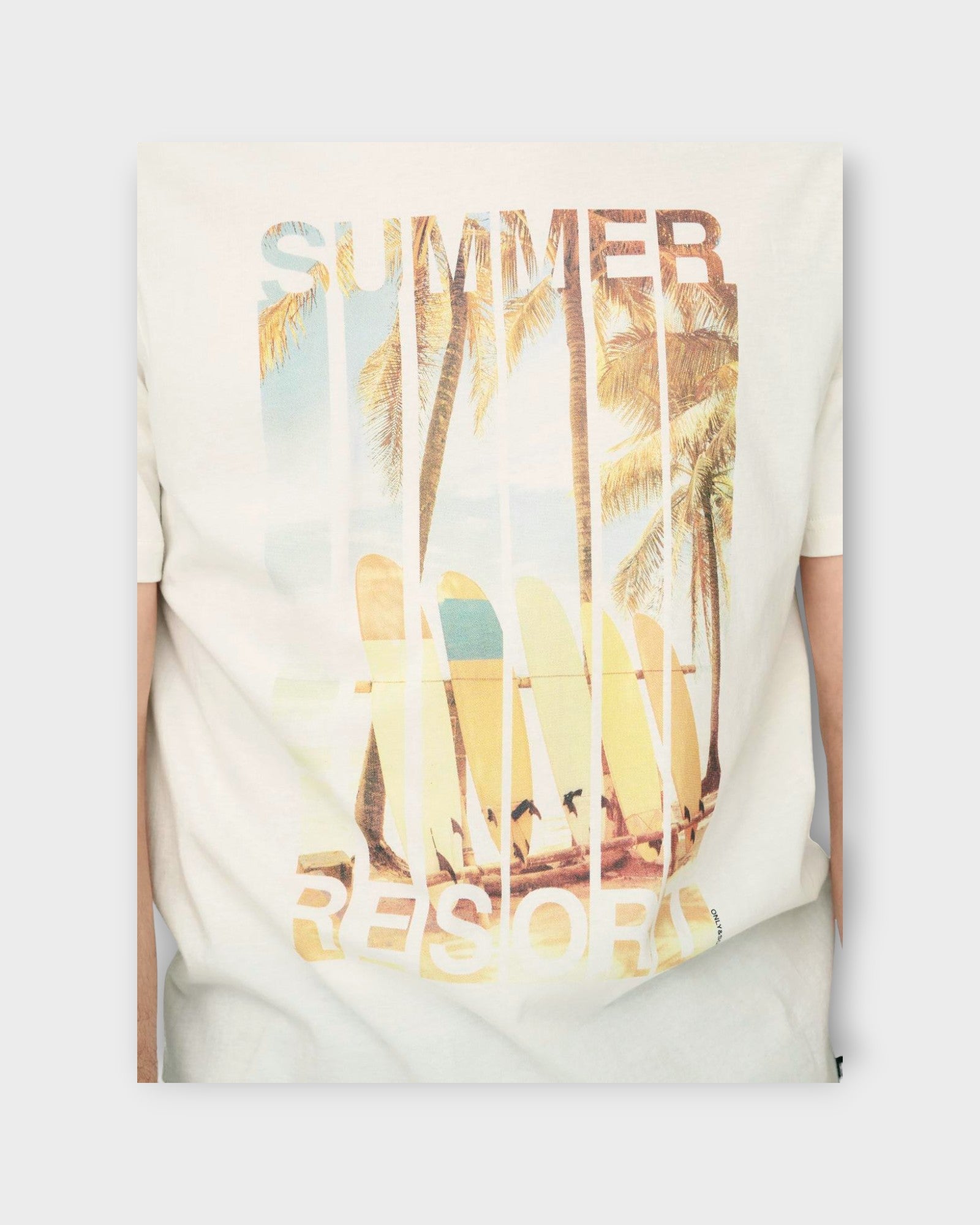 Magdy Life Photoprint SS Tee Cloud Dancer Summer fra Only and Sons. Rå hvid printet T-shirt til mænd. Her ses closeup af printet i summer udgaven .