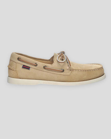 Beige camel Sebago Portland Flesh Out 906 sko med læderoverdel og komfortabel sål, vist i et nærbillede.