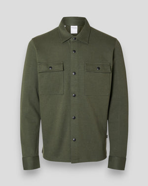 Selected Jackie Sweat Jacket in Forest Night, a stylish overshirt with a comfortable fit and deep green color.