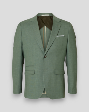 Lækker lys grøn melange linen blazer fra Selected, slank pasform og elegant design, perfekt til foråret og sommeren.