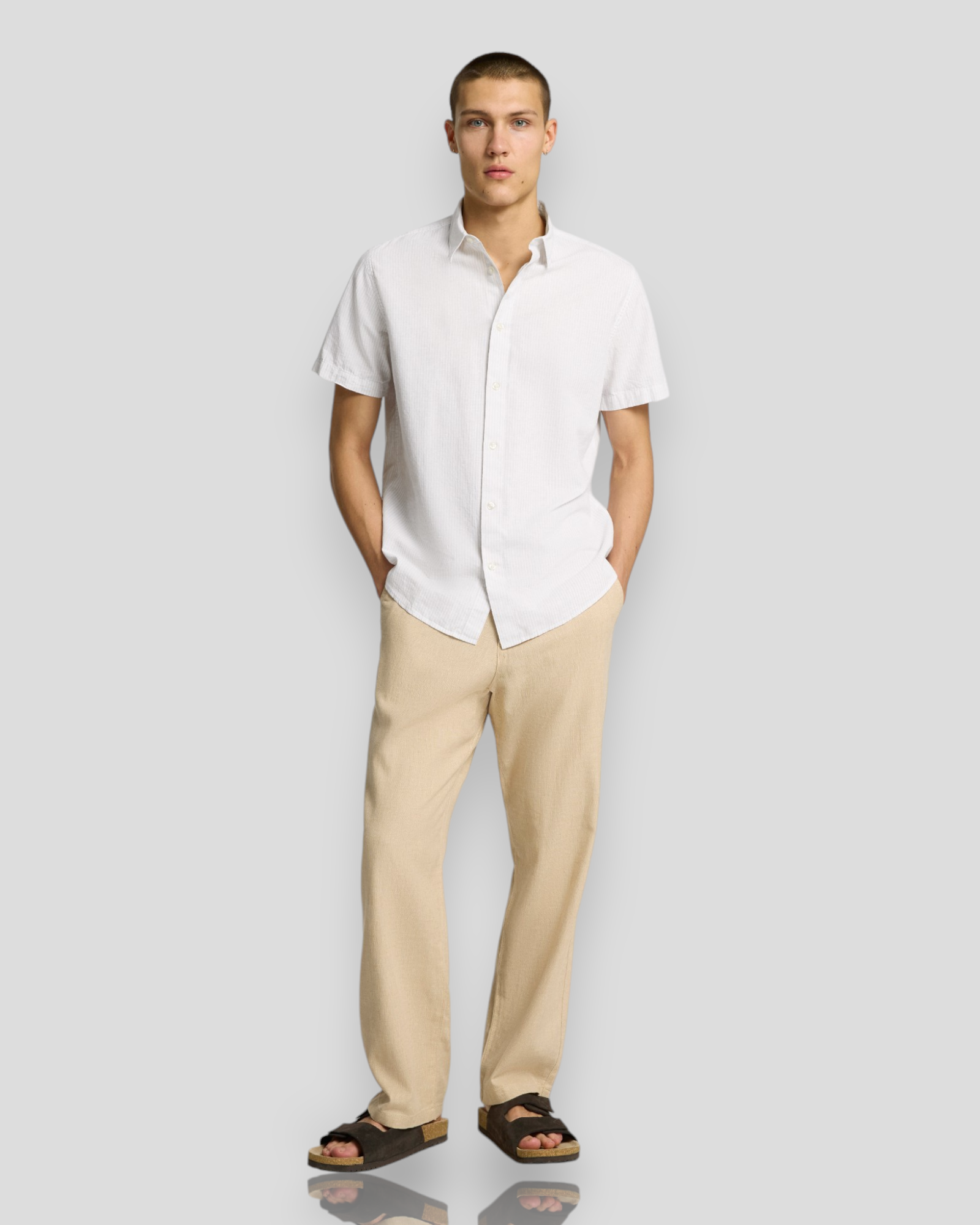 Regsun Linen Shirt SS Classic - Pure Cashmere/Thin Stripes