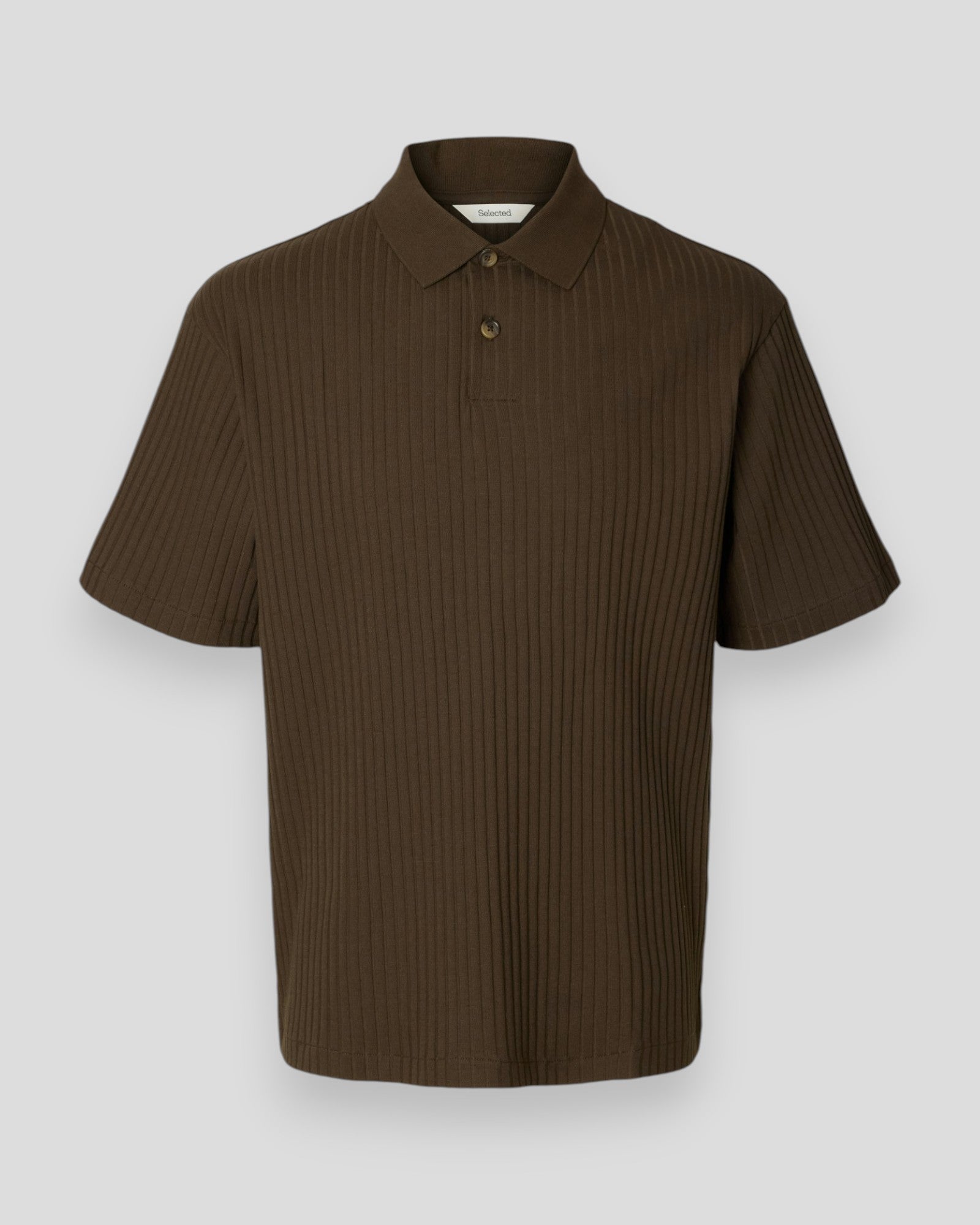 Turkisfarvet Selected Relax Simon ribbet polo for mænd, vises med krave og knapper, afslappet stil og åndbart materiale.