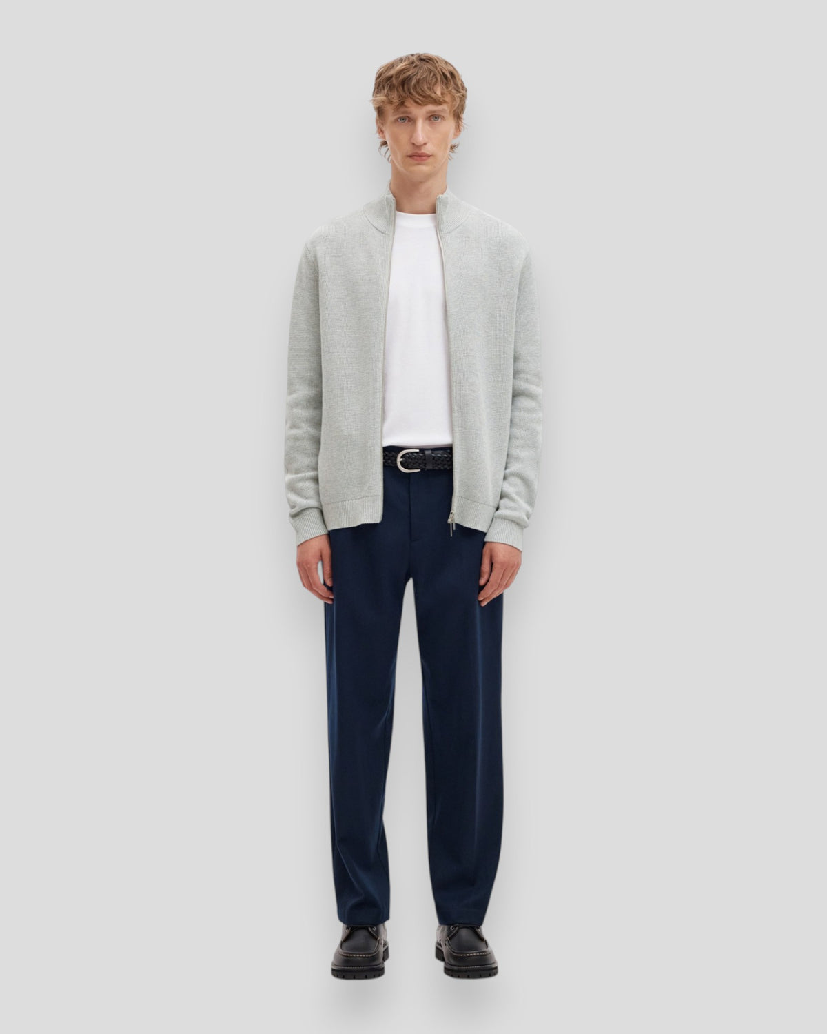 Dane Knit Structure Full Zip - Light Grey Melange