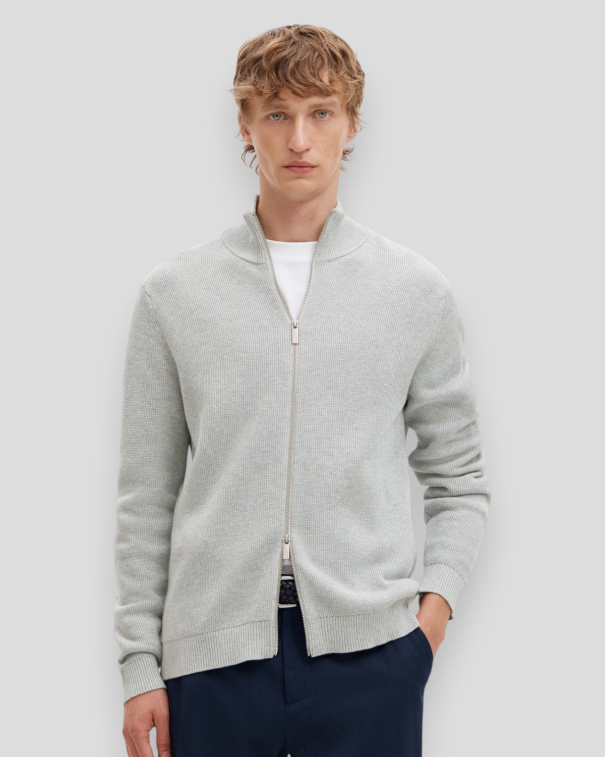 Dane Knit Structure Full Zip - Light Grey Melange