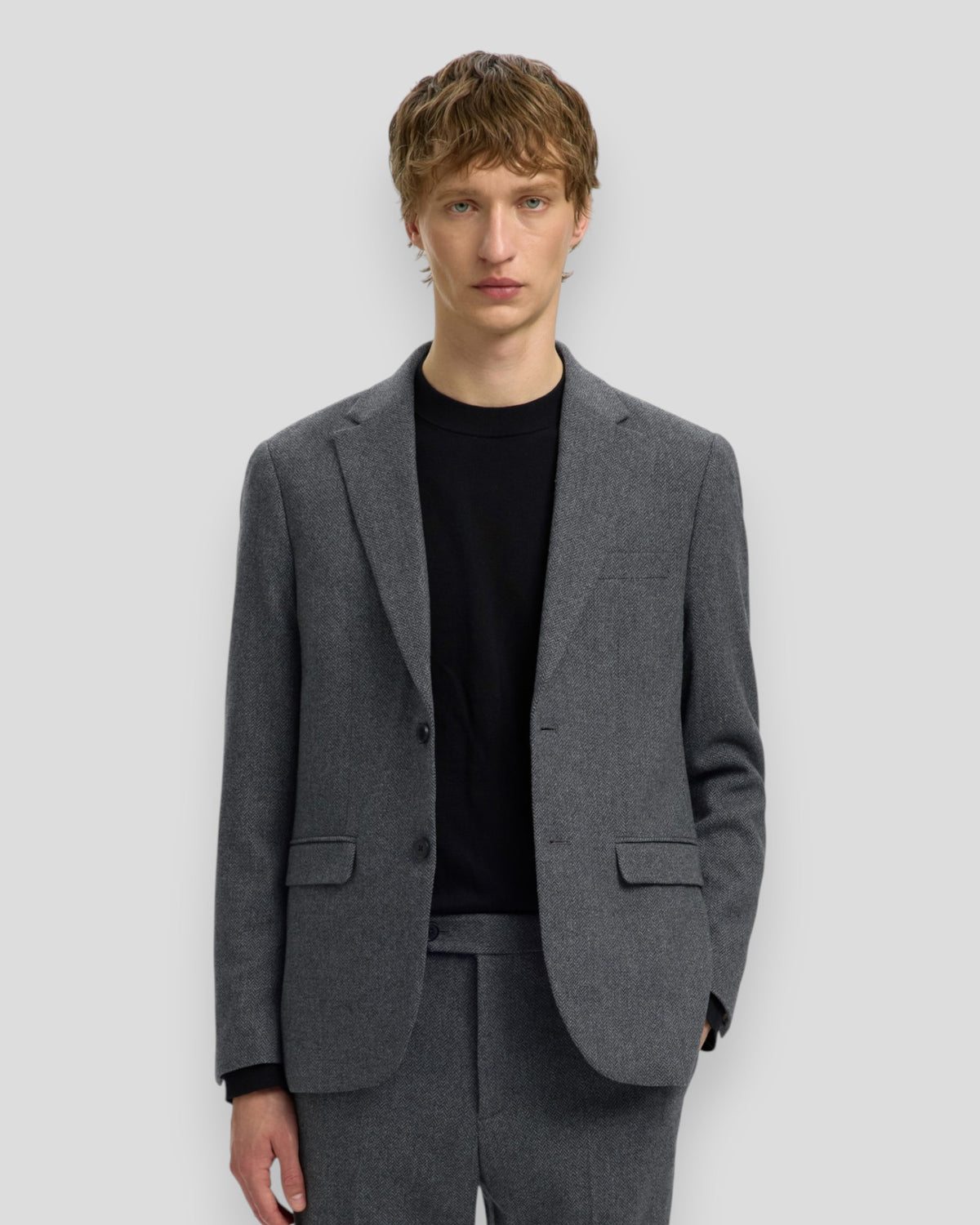 Slim-Reed Wool Blazer - Dark Grey Melange Herringbone