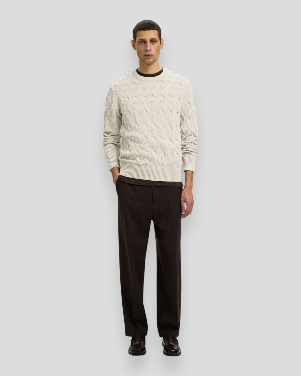 Carlos LS Cable Crew Neck - Silver Birch Melange