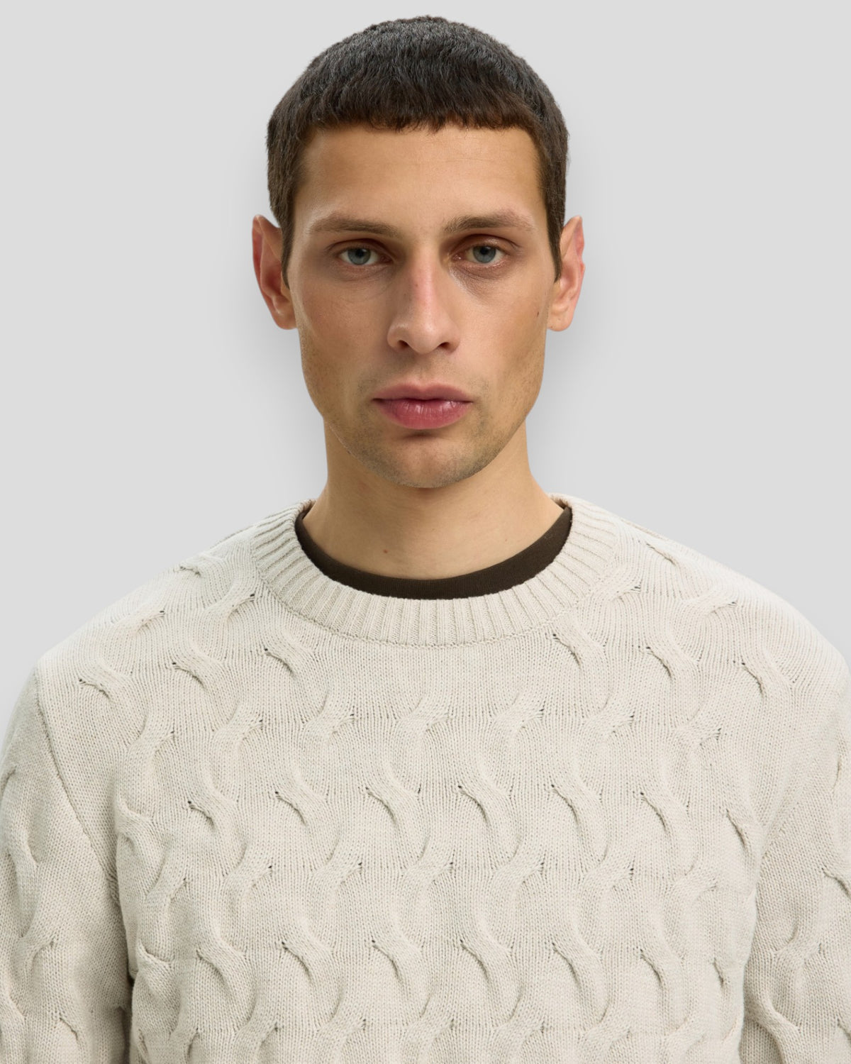 Carlos LS Cable Crew Neck - Silver Birch Melange