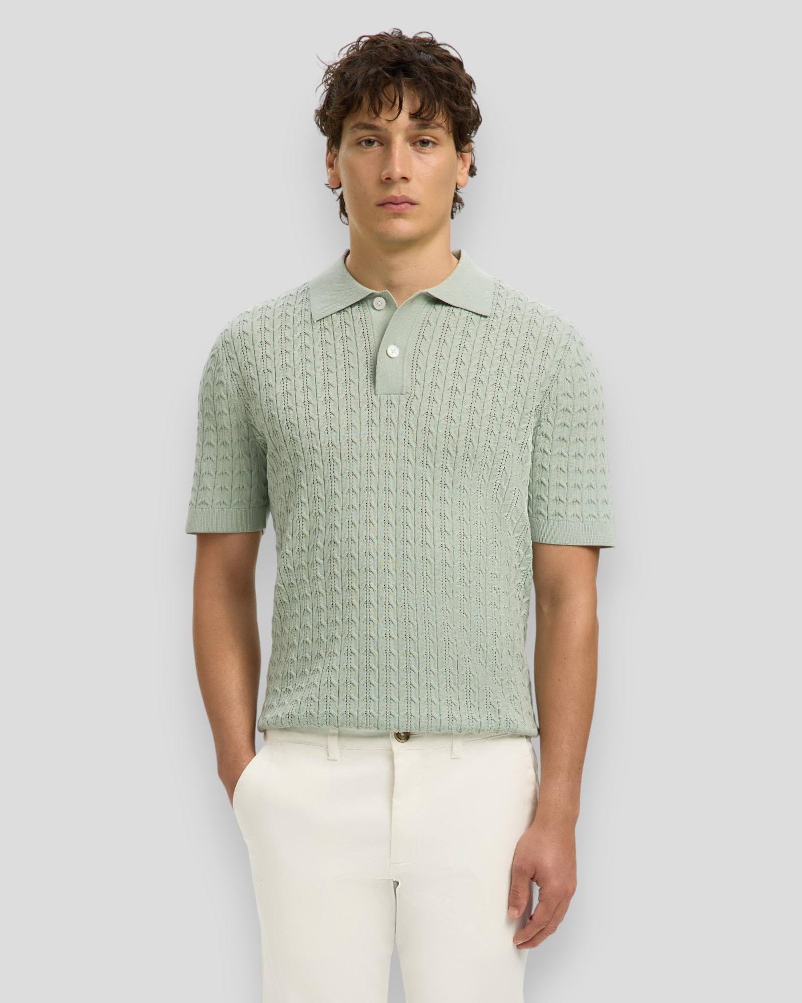 Mattis SS Knit New Cable Polo - Aqua Gray