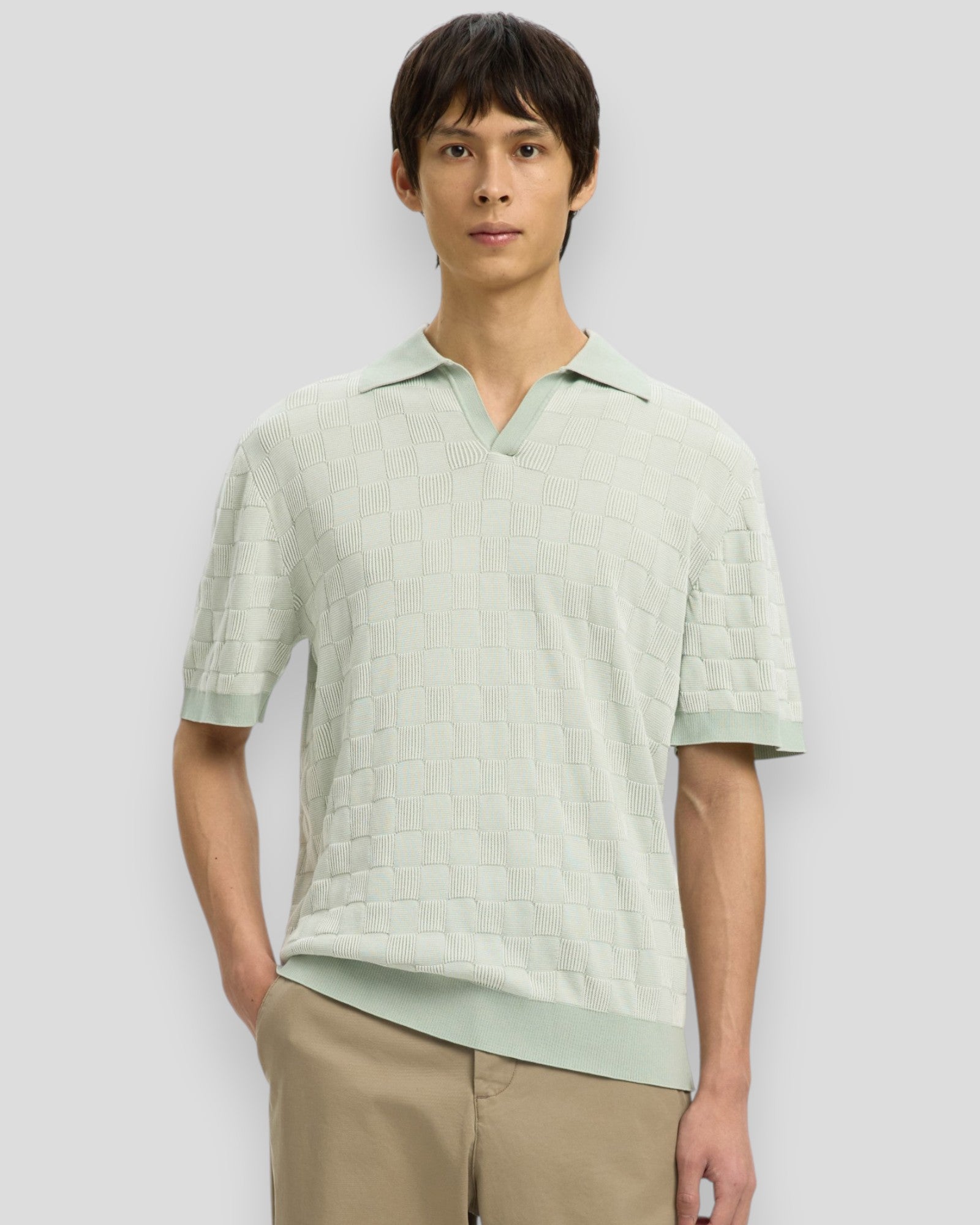 Mænds Selected Milas SS Knit afslappet farvet polo i aqua grå med egret detaljer, blød og komfortabel sommerpolo.