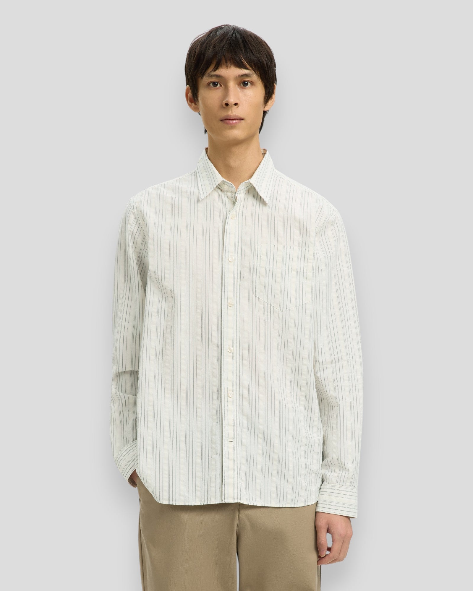 Regular Freddie Mix Seersucker LS Shirt - Egret Stripes/Balsam Green