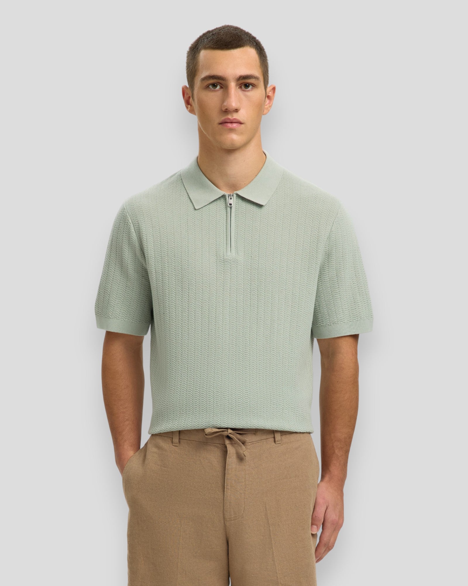 Can SS Knit Structure Zip Polo - Aqua Gray