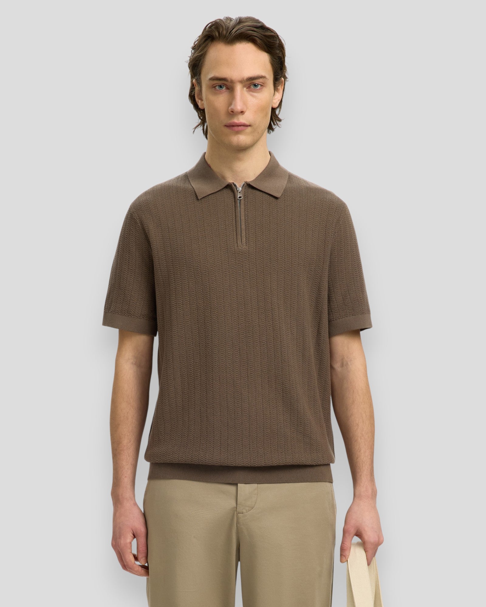 Can SS Knit Structure Zip Polo - Chocolate Chip