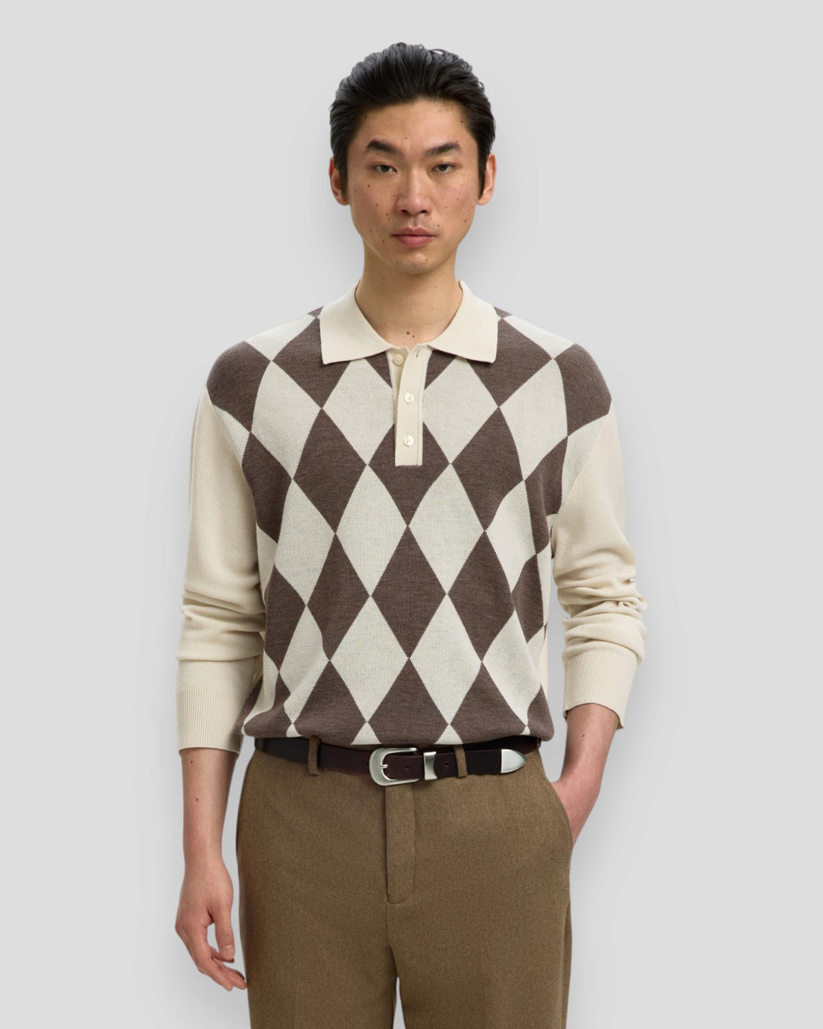 Tray LS Merino Argyle Polo - Silver Birch/Delicioso