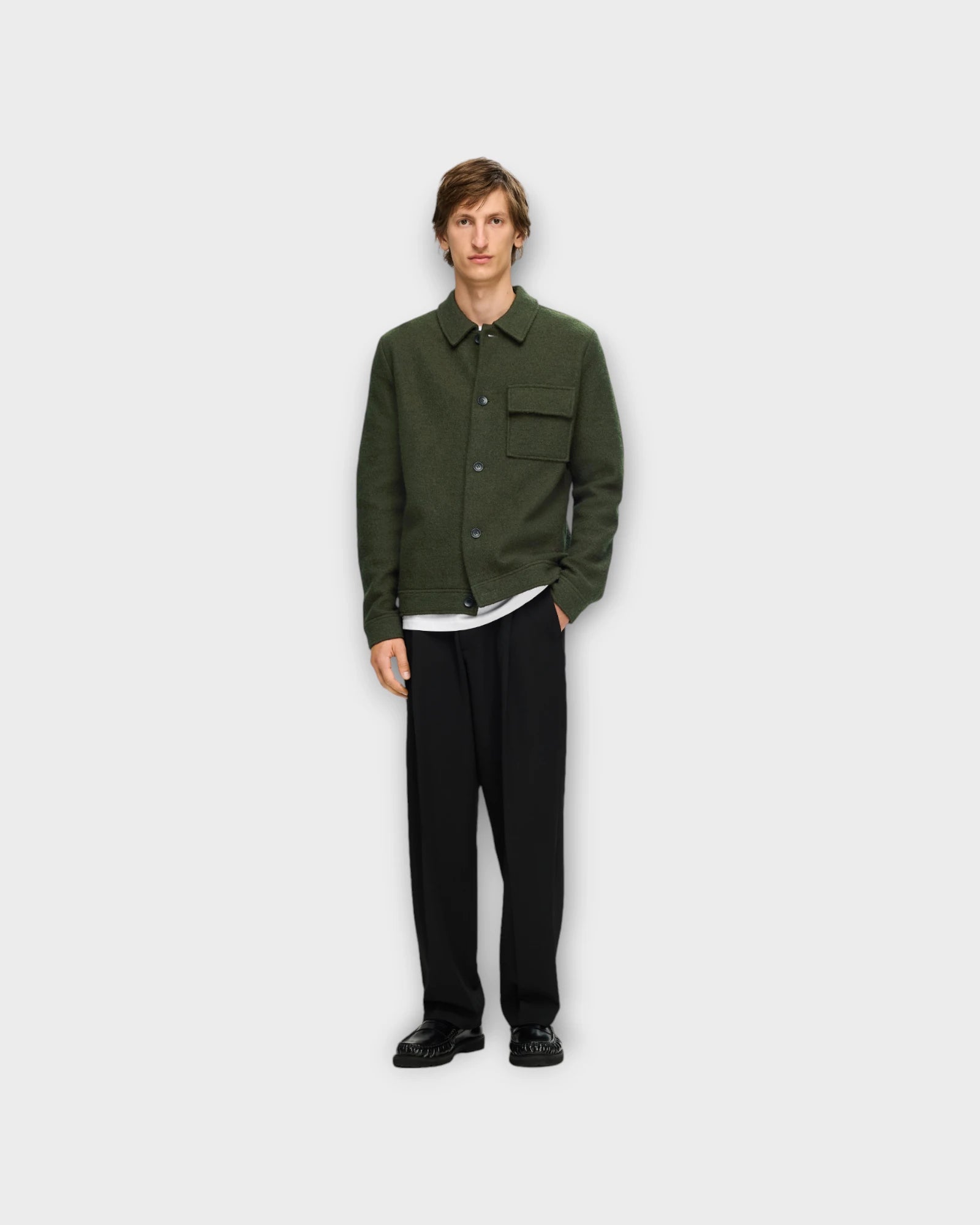 Healy LS Knit Shirt Jacket Forest Night - Grøn Selected Homme Herre Overshirt. Her set på model forfra.