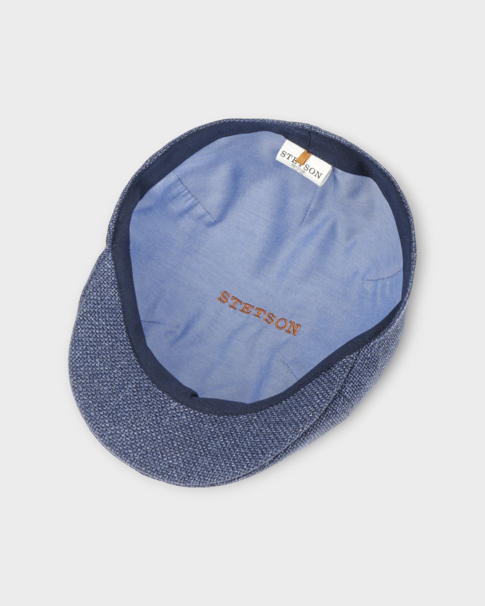 Sixpence Flat Cap Texas Taleco Navy fra Stetson Hats. Blå melleret herre hat. Her ses indersiden af hatten.