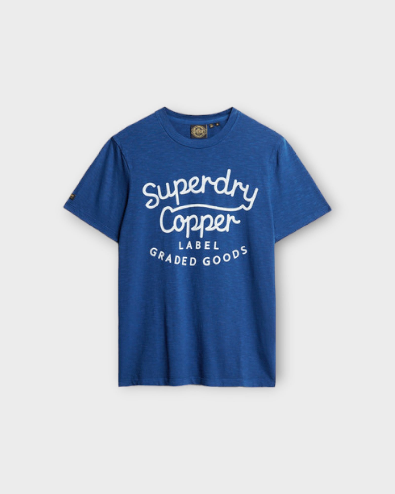 Copper Label Script Tee Pilot Mid Blue Slub. Blå printet Superdry Herre T-shirt. Her set forfra.