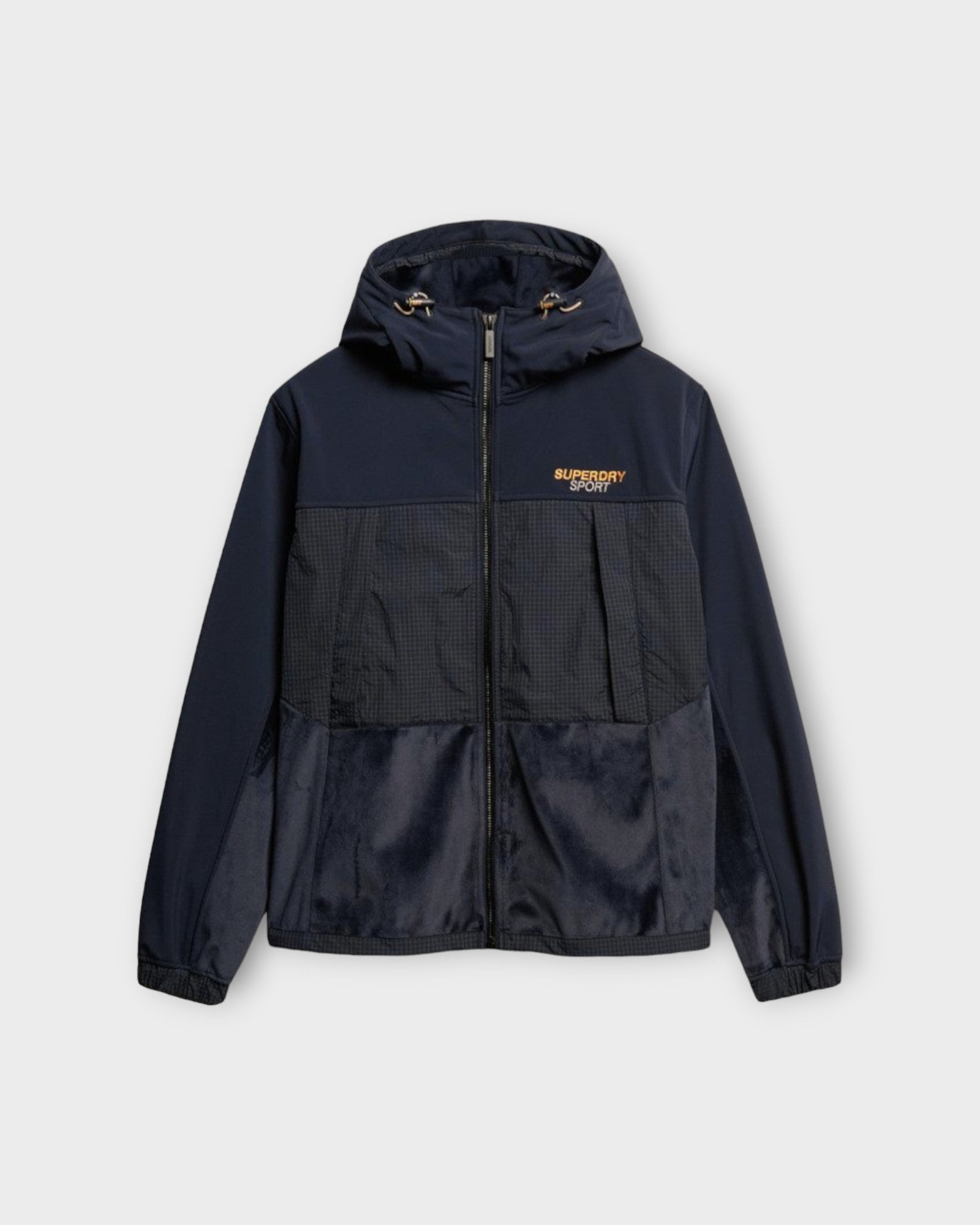 Hooded Hybrid Trekker Jacket Eclipse Navy. Mørkeblå Superdry herre jakke med hætte. Her set forfra.