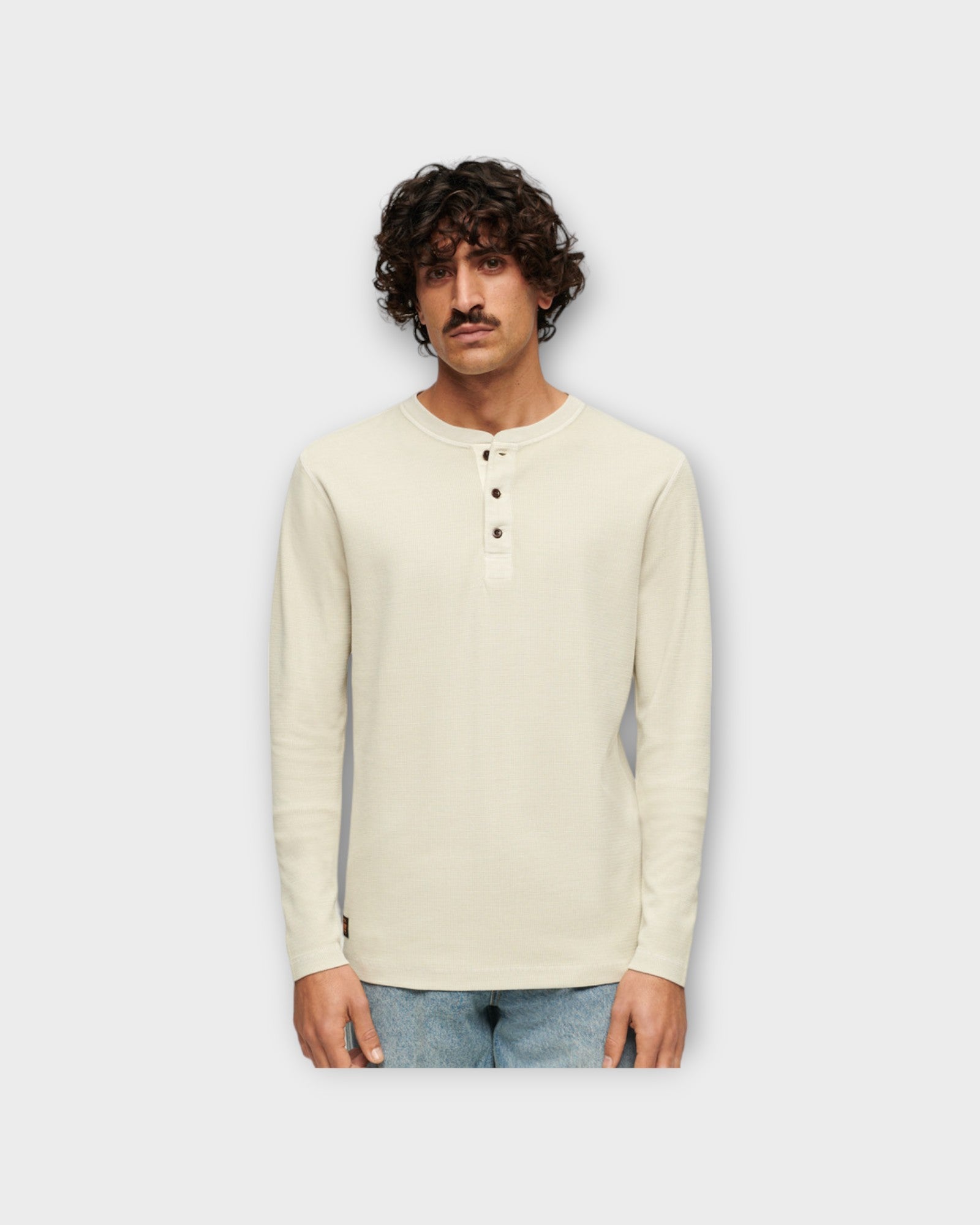 Waffle Long Sleeve Henley Top - Light Stone Beige